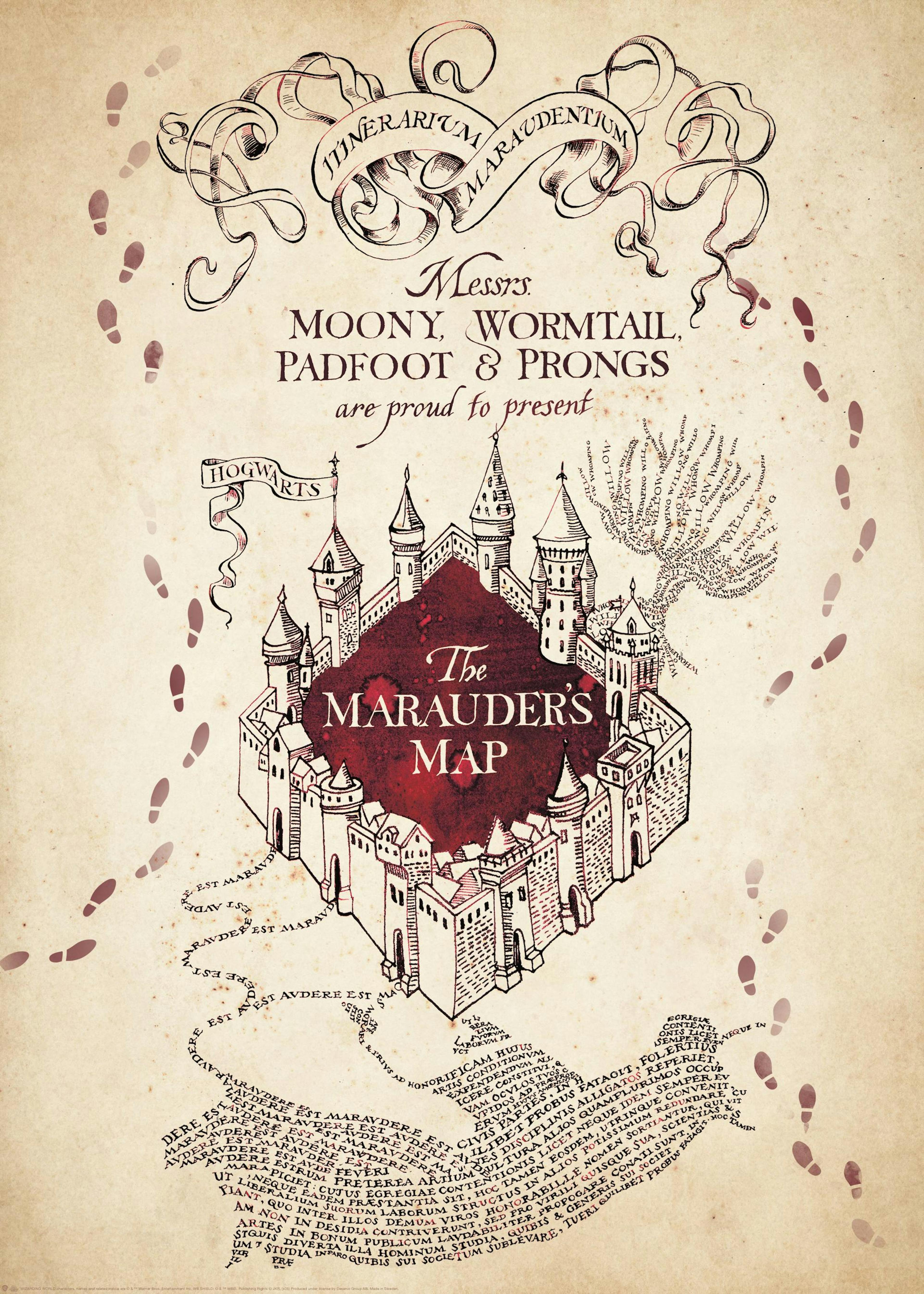 ハリー・ポッター『忍びの地図』ポスター、ヴィンテージベージュの背景に黒と赤のイラストと文字