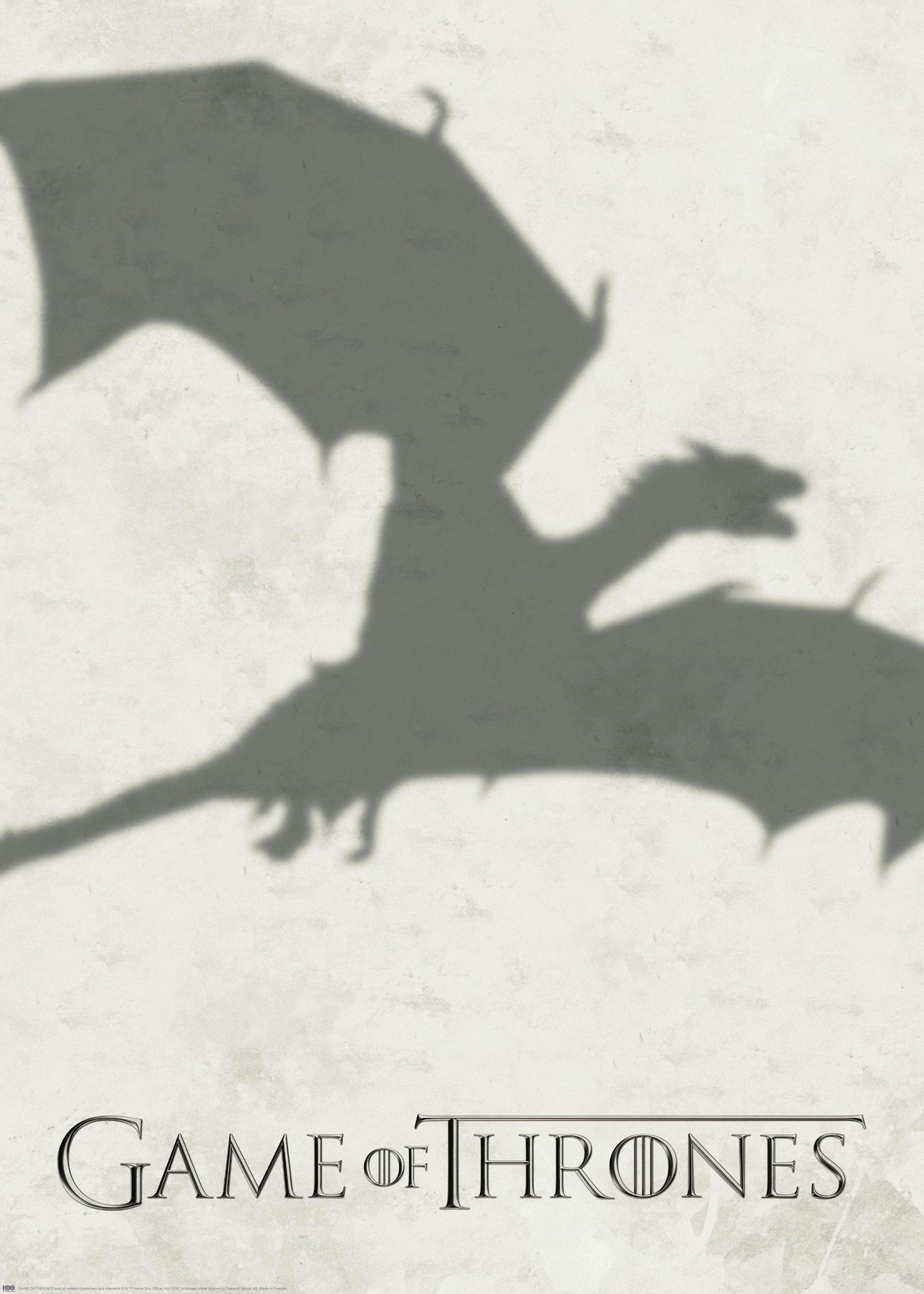 Game of Thrones poster with a blurry grey dragon shadow on a light background, text Game of Thrones at the bottom.