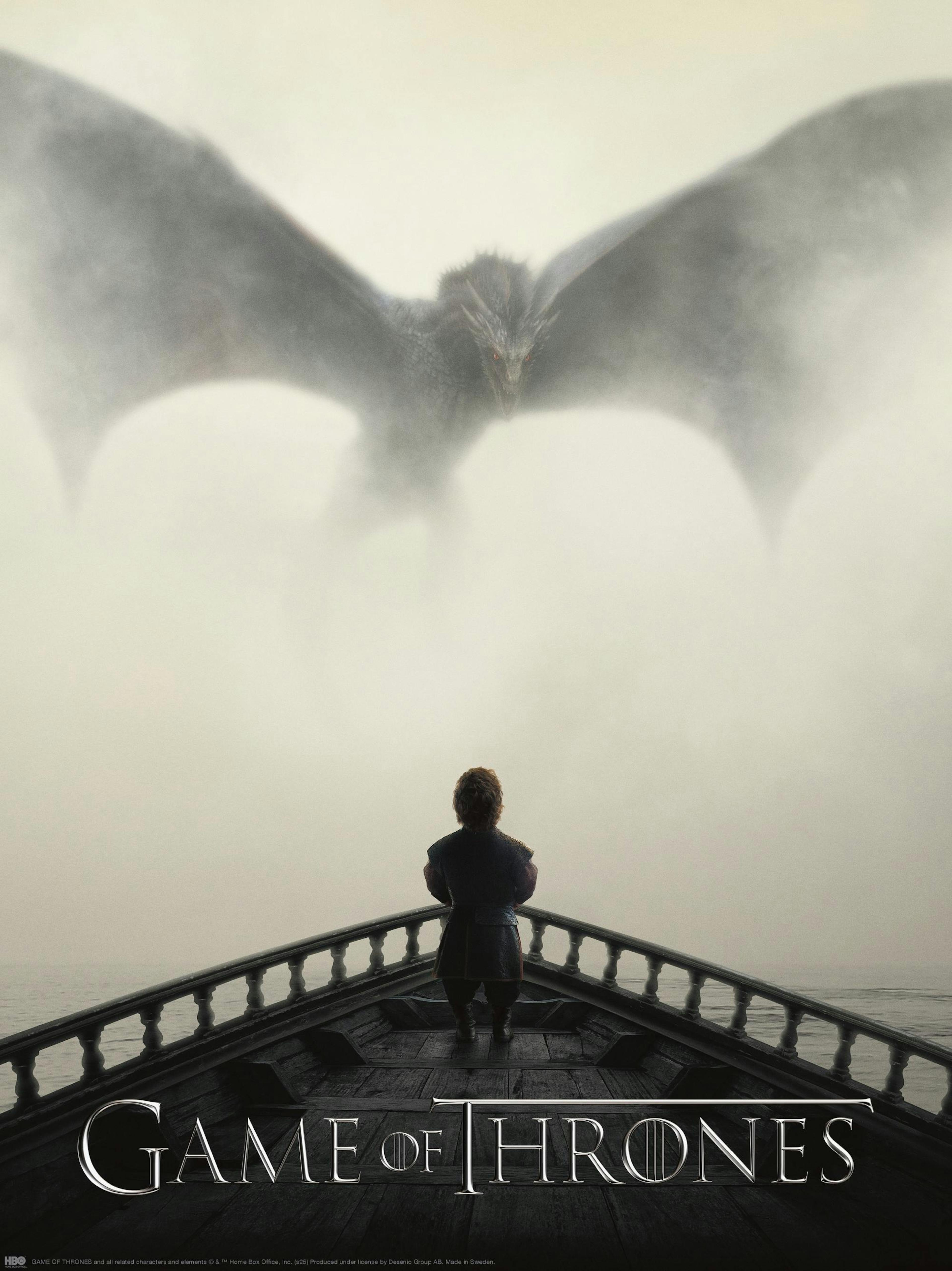 Game of Thrones poster: Tyrion Lannister on a ship looking at a dragon in a foggy sky.