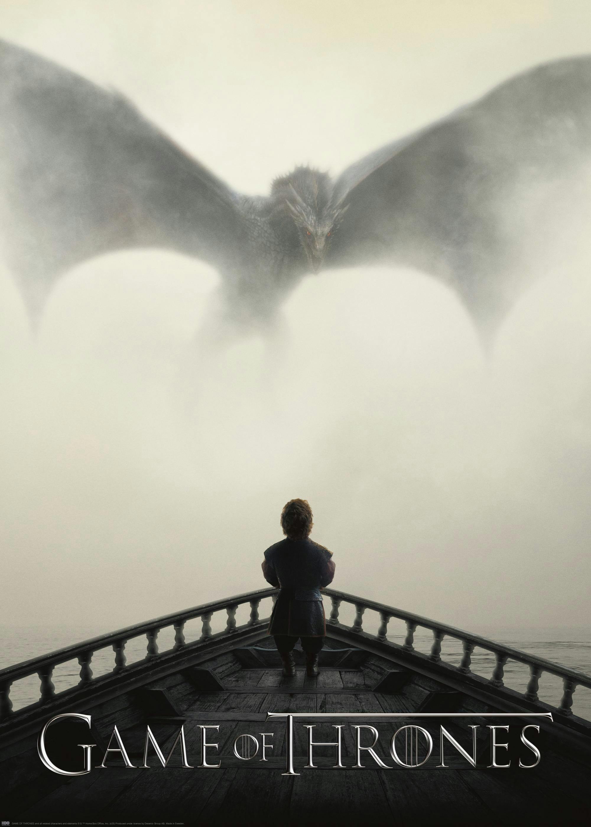 Game of Thrones poster met draak in mistige lucht boven een boot met een persoon