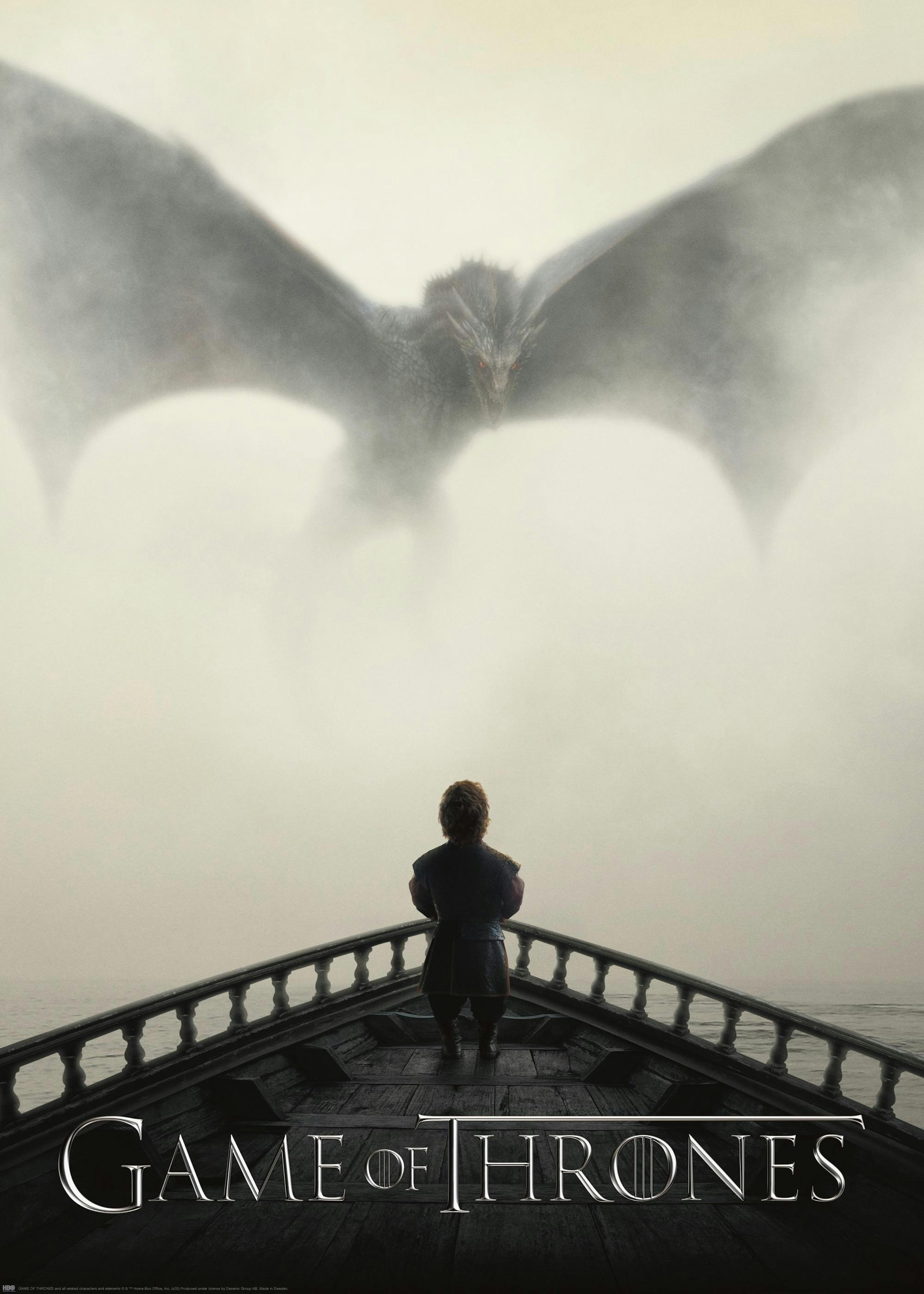 ゲーム・オブ・スローンズのポスター、霧の空にティリオン・ラニスターとドラゴンが描かれている