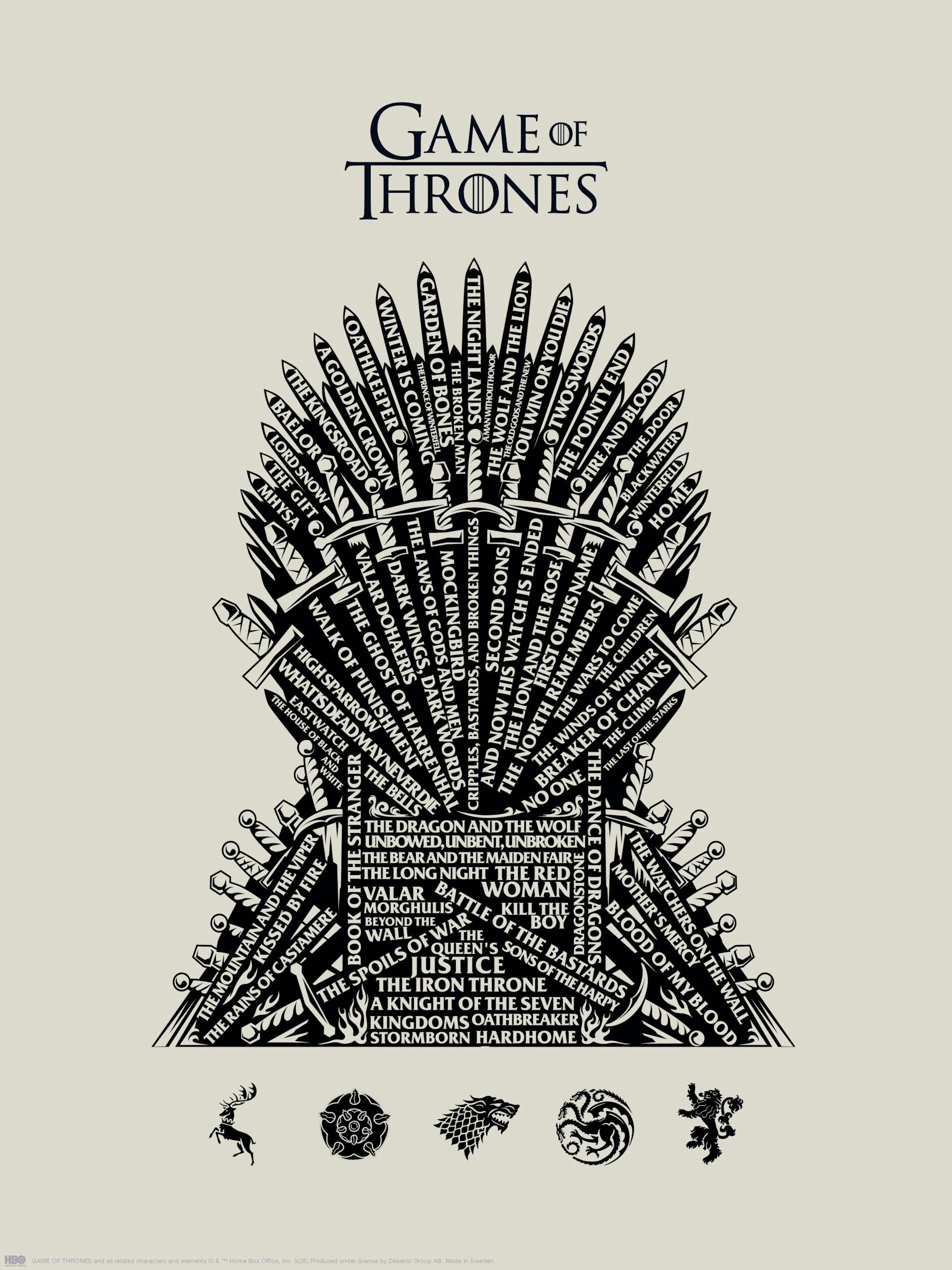 Affiche Game of Thrones avec le Trône de Fer formé de typographie noire sur fond beige, incluant des blasons de maisons célèbres