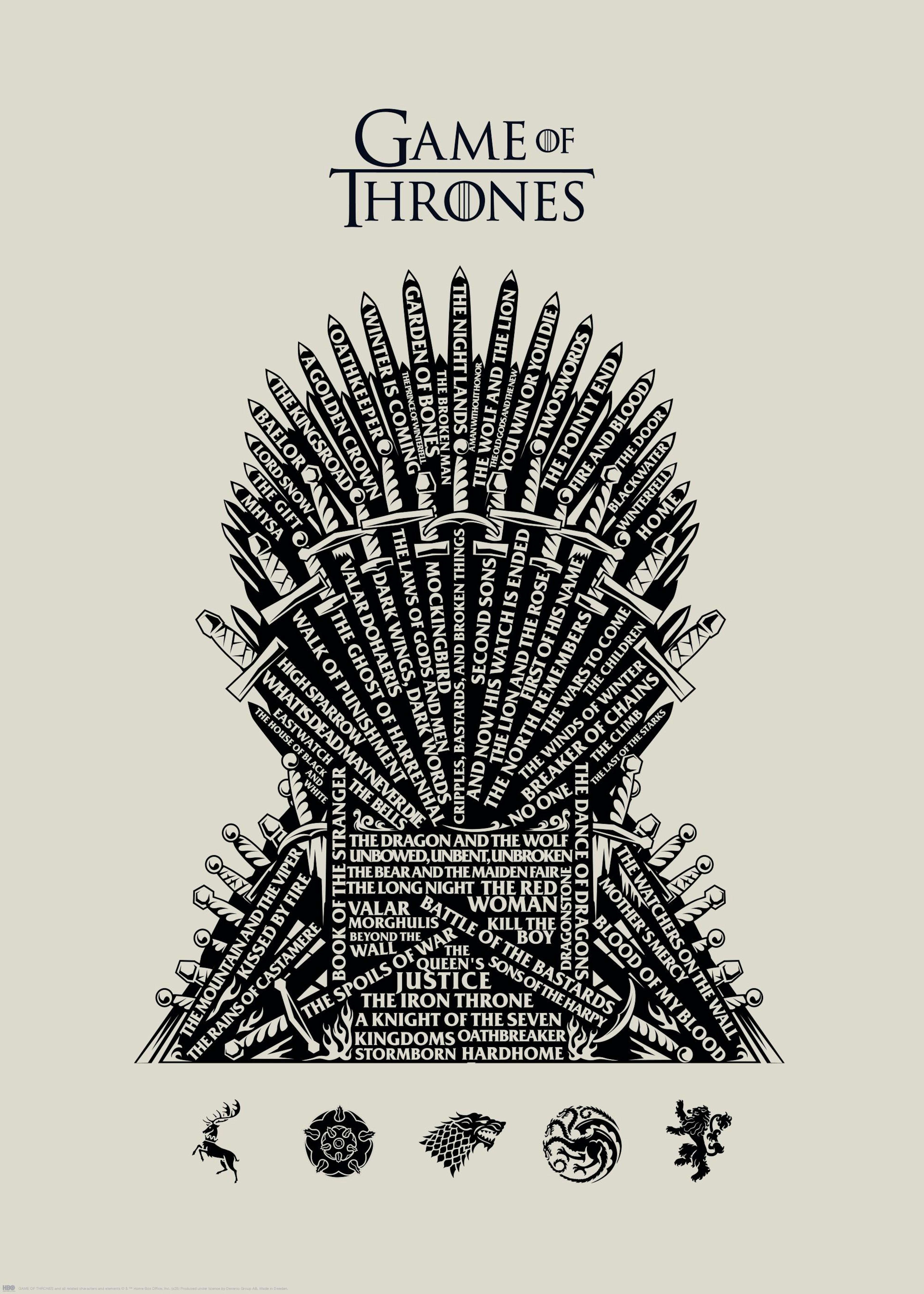 Game of Thrones Poster mit dem Eisernen Thron, geformt aus schwarzen Schwertern auf beigem Hintergrund. Enthält Zitate und Symbo