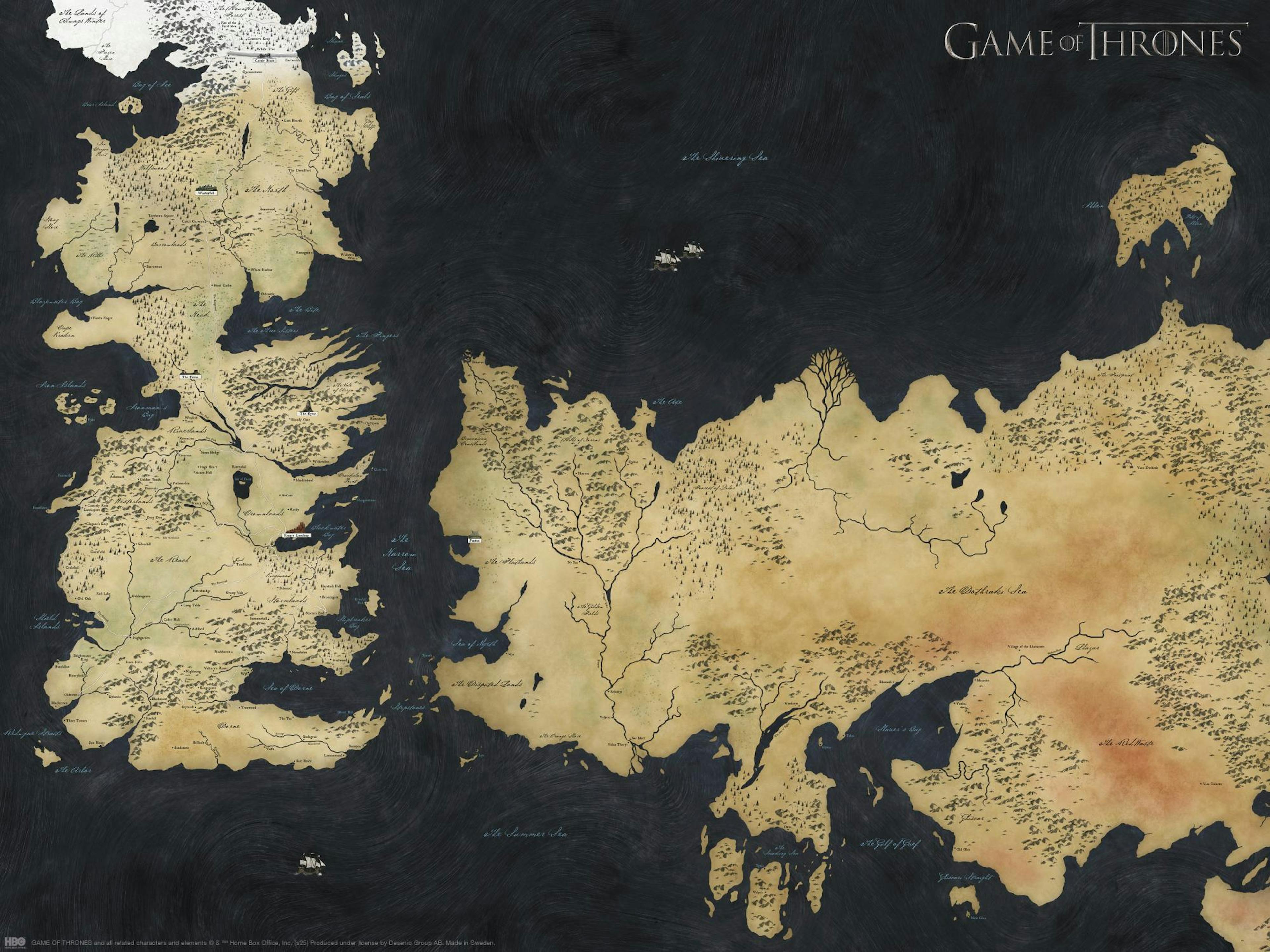 Póster de Game of Thrones, mapa detallado de Westeros en tonos sepia y azul oscuro, estilo antiguo.