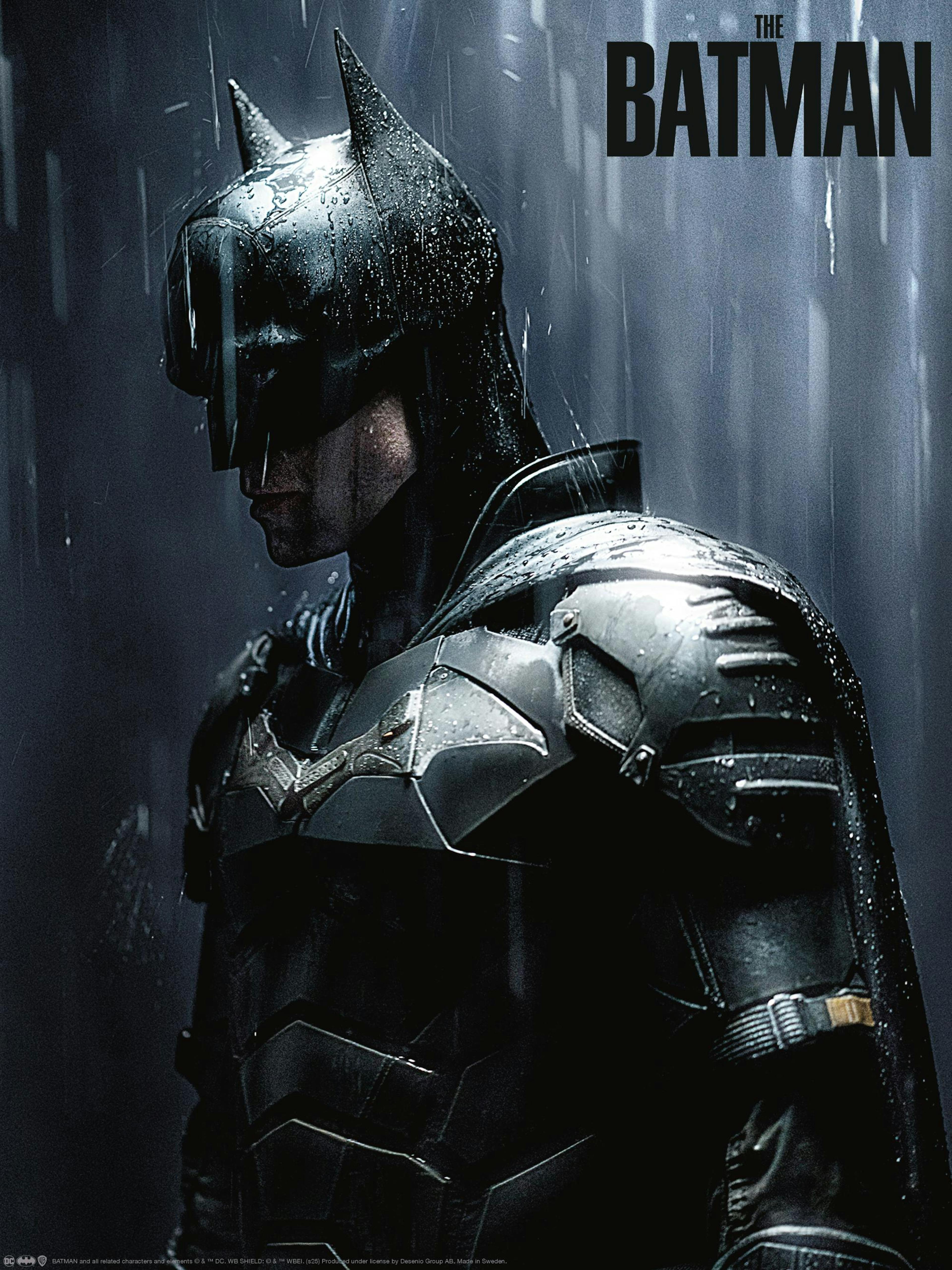 Batman i mörk Batsuit står i hällande regn, detaljerad, kornig textur. Mörk, stämningsfull Batman-poster.