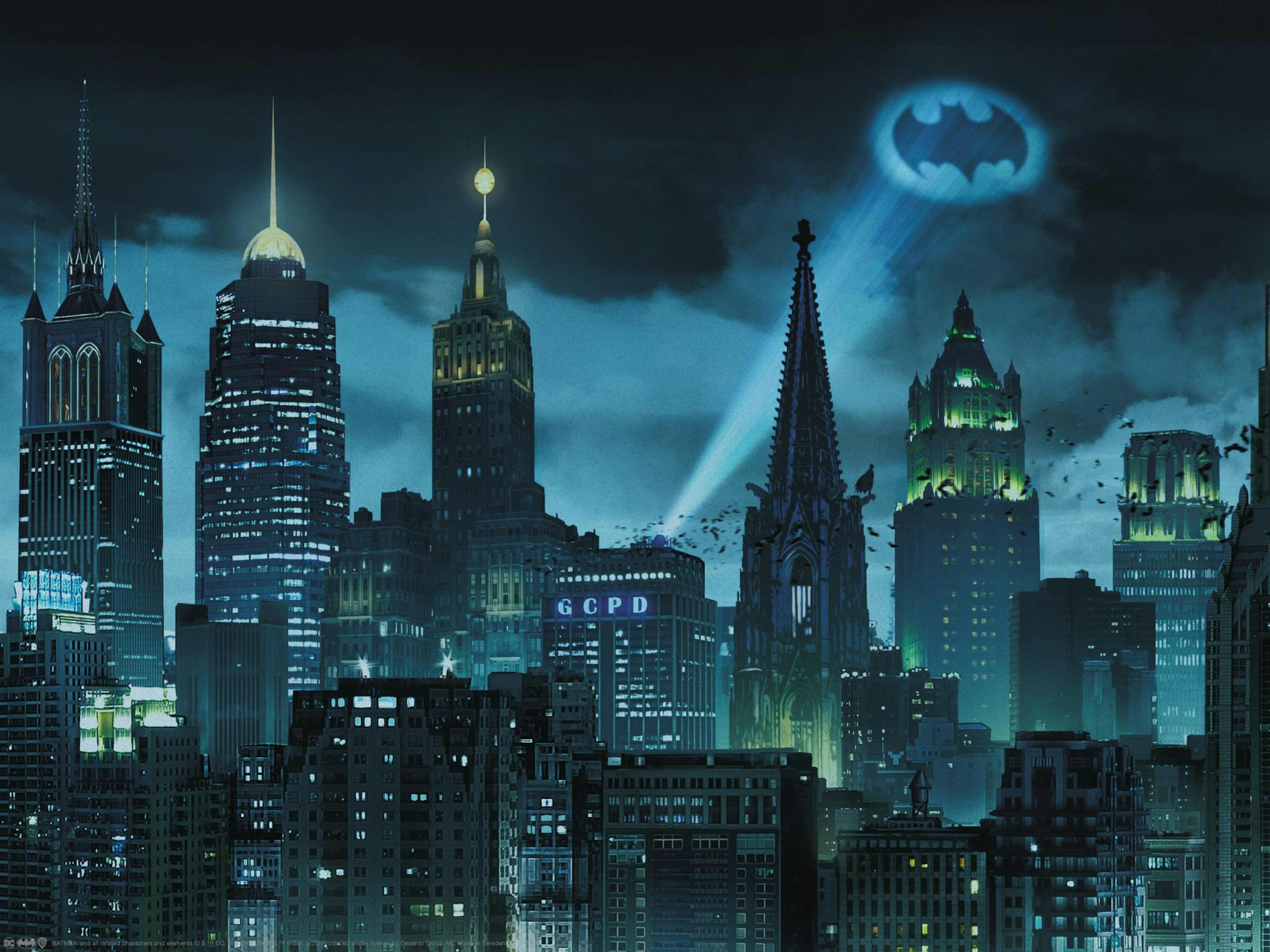 Gotham City skyline at night with the Bat-signal shining in the dark sky, a Batman movie and comic scene.