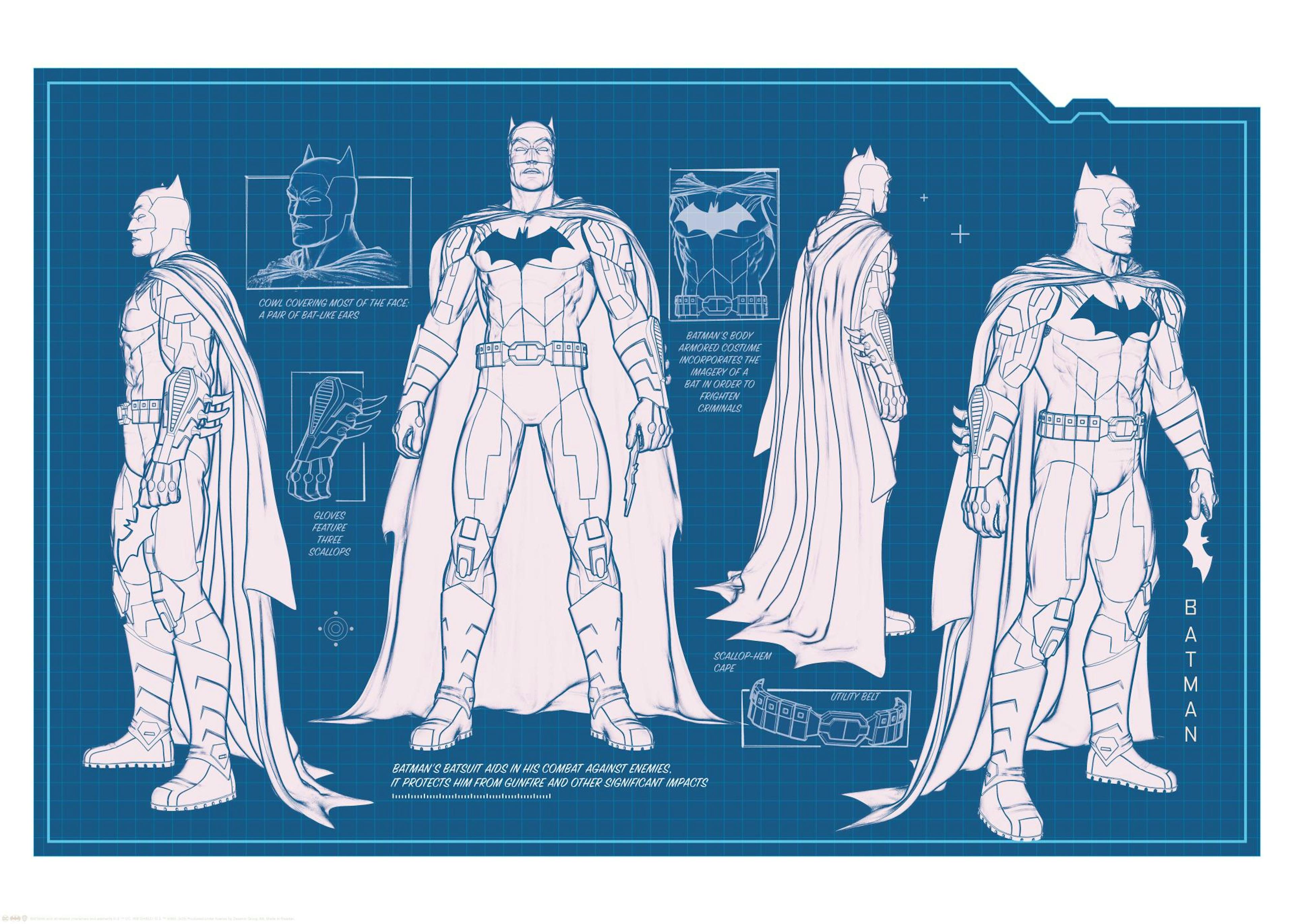 Batman-Batsuit-Blaupause-Poster in Blau und Weiß, detaillierte technische Zeichnung des Batman-Anzugs, ideal für Comic-Fans.