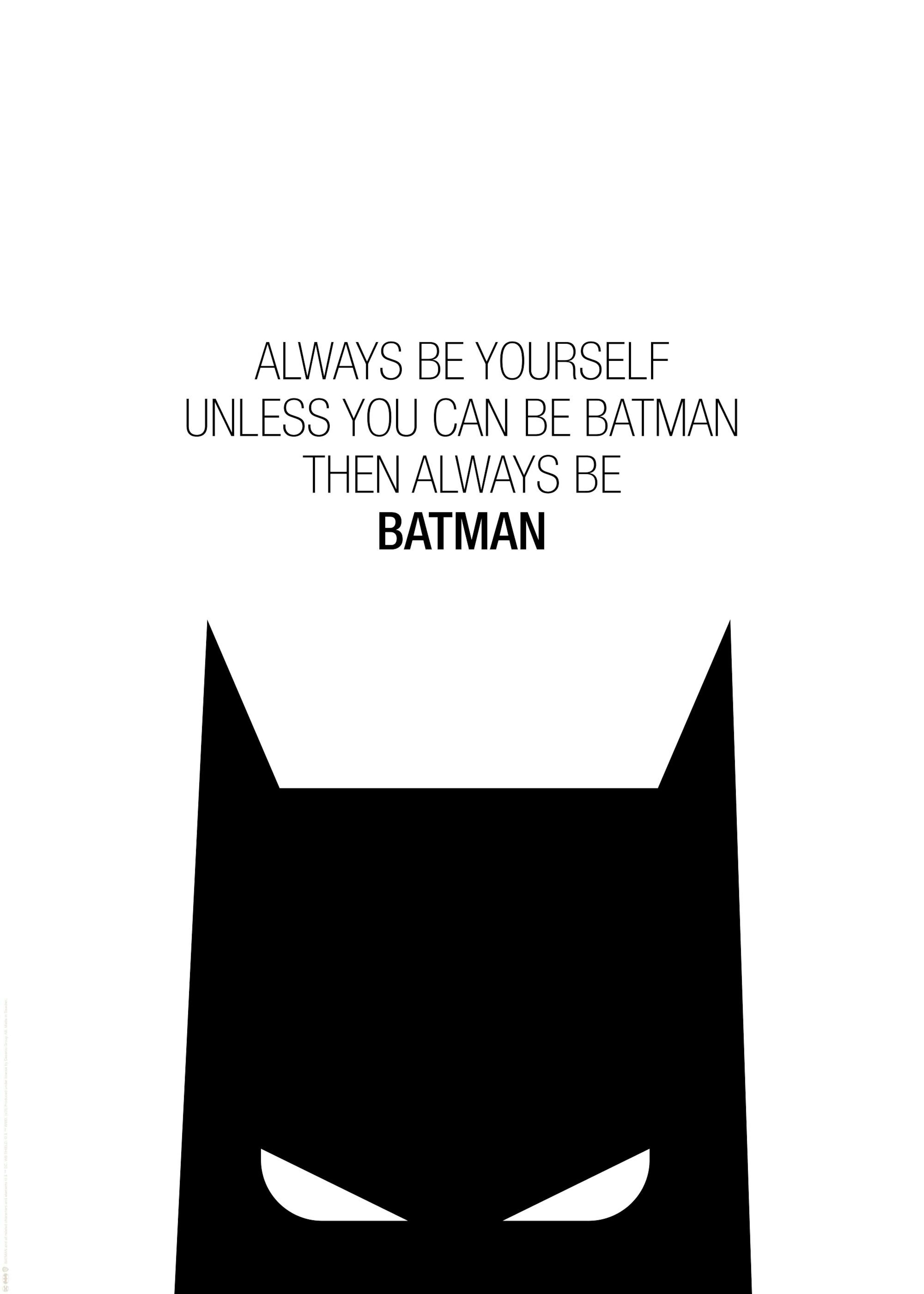 Minimalistisches Batman-Poster mit schwarzem Batman-Symbol und Zitat auf weißem Hintergrund.