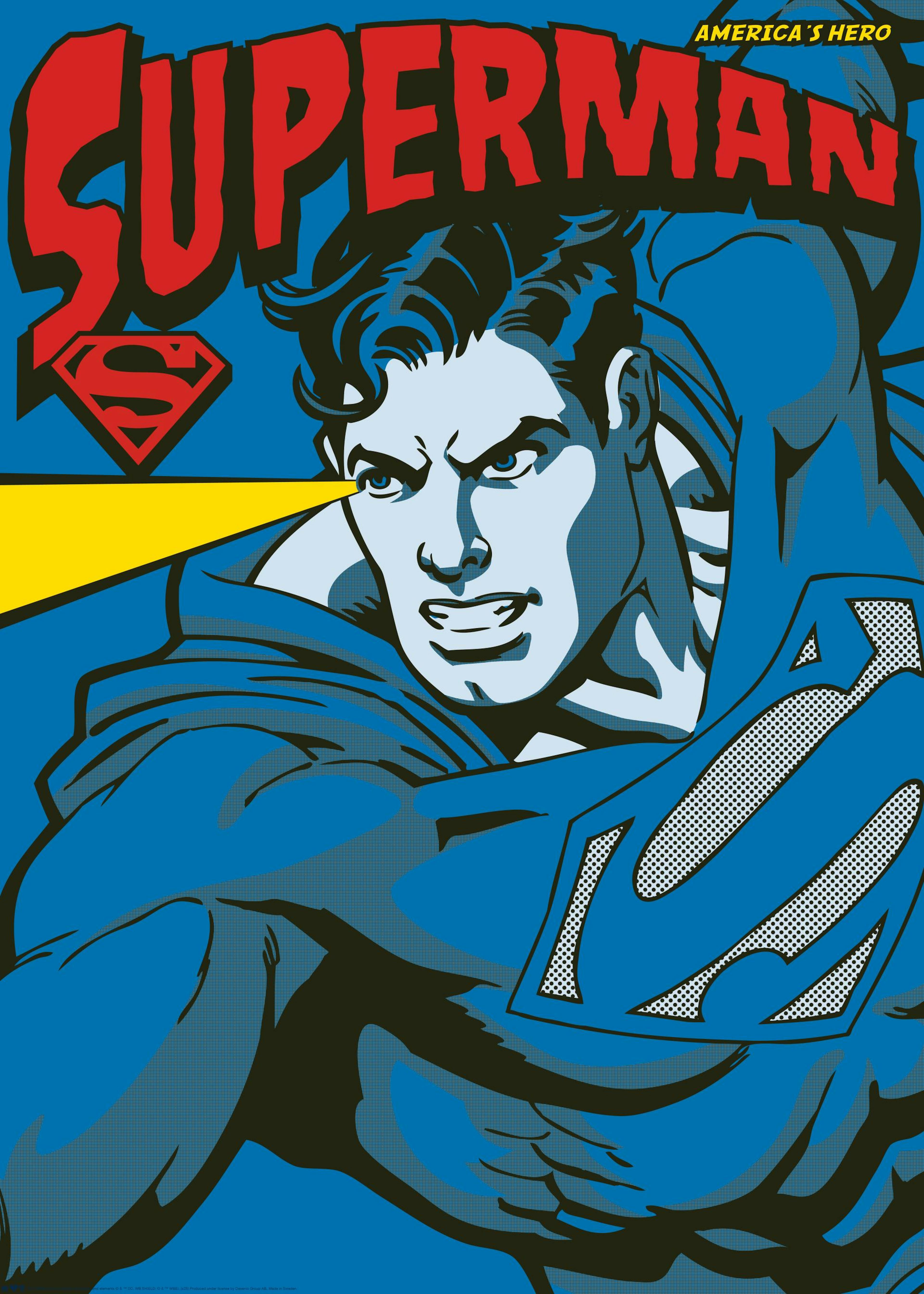 Αφίσα Superman με μπλε και κόκκινο, ο ήρωας με ακτίνες Χ.