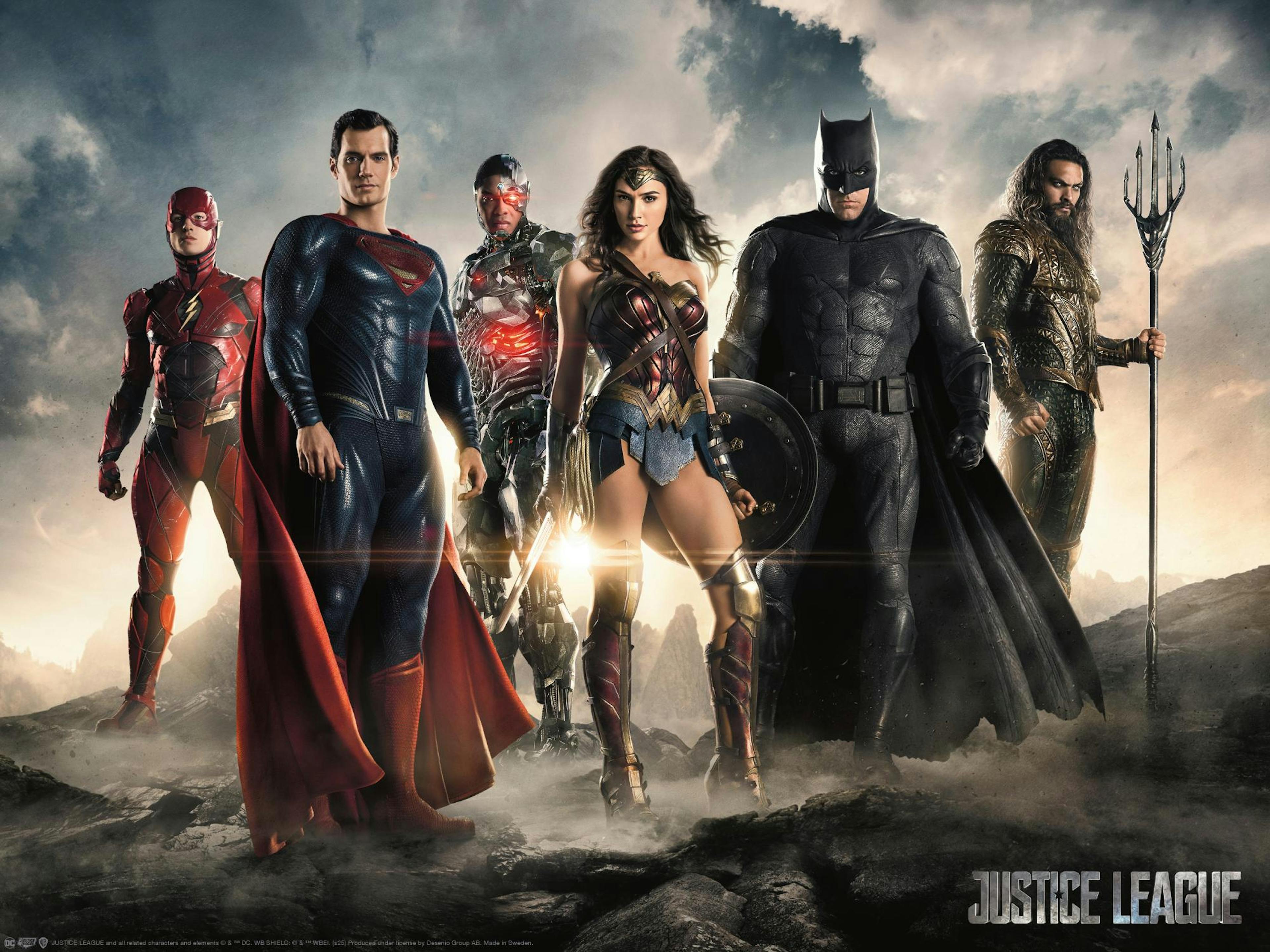 Affiche Justice League avec Superman, Wonder Woman, Batman cape, Flash, Cyborg et Aquaman posant ensemble