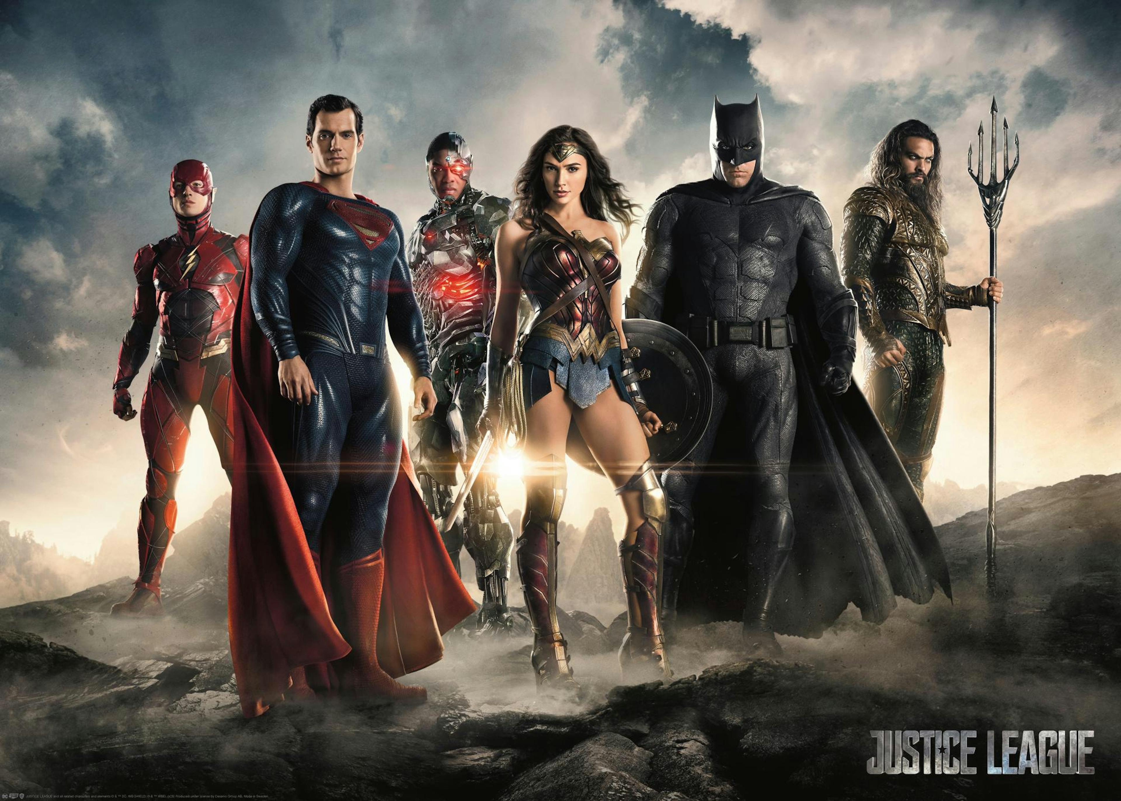 Justice League Poster mit Superman, Aquaman, Wonder Woman, Flash, Batman, Cyborg vor düsterer Landschaft