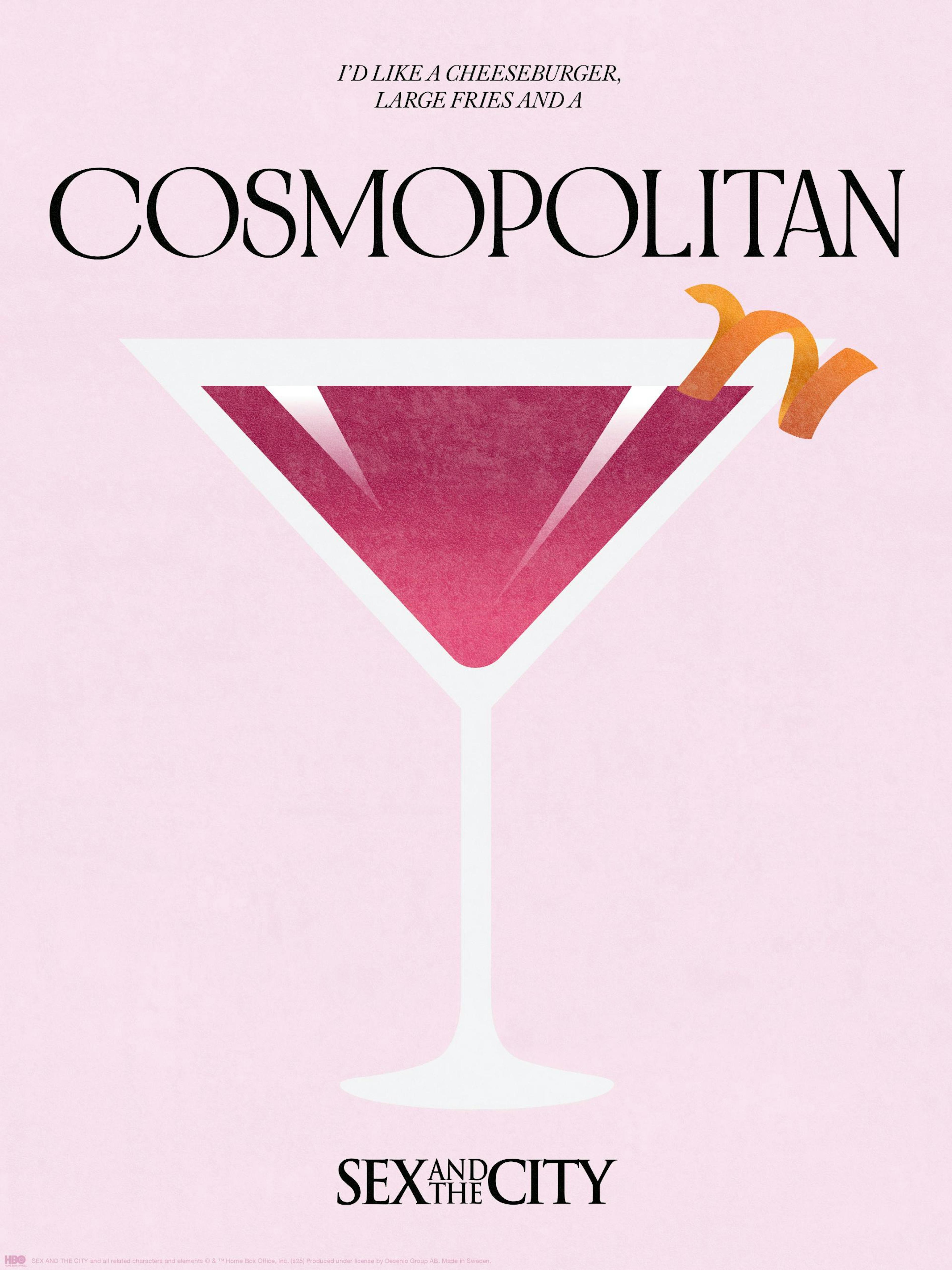 Affiche Cosmopolitan rose Sex and the City avec typographie et verre à cocktail, une écorce dorange et du texte