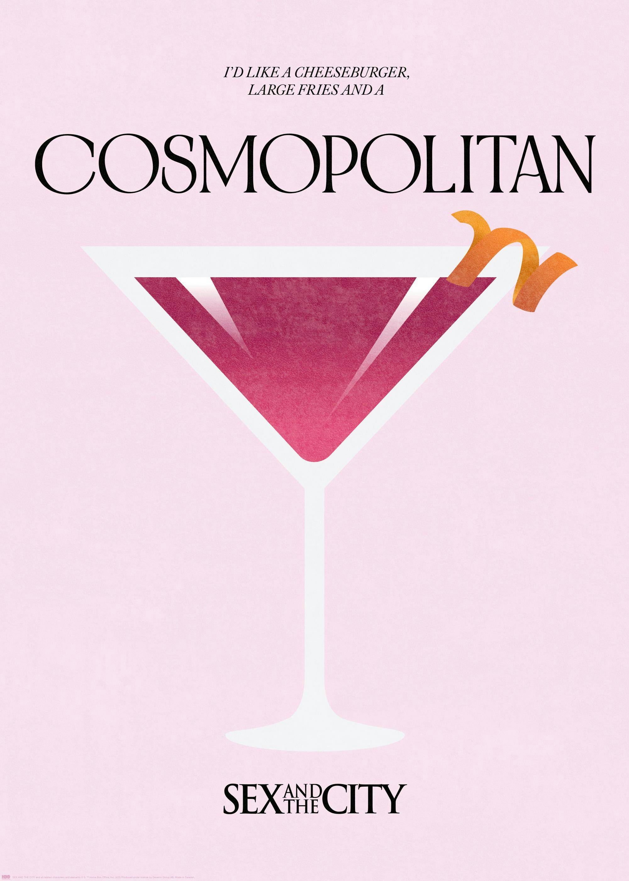 Póster Sex and the City: copo de Cosmopolitan com cereja, casca de laranja e texto sobre fundo rosa claro.