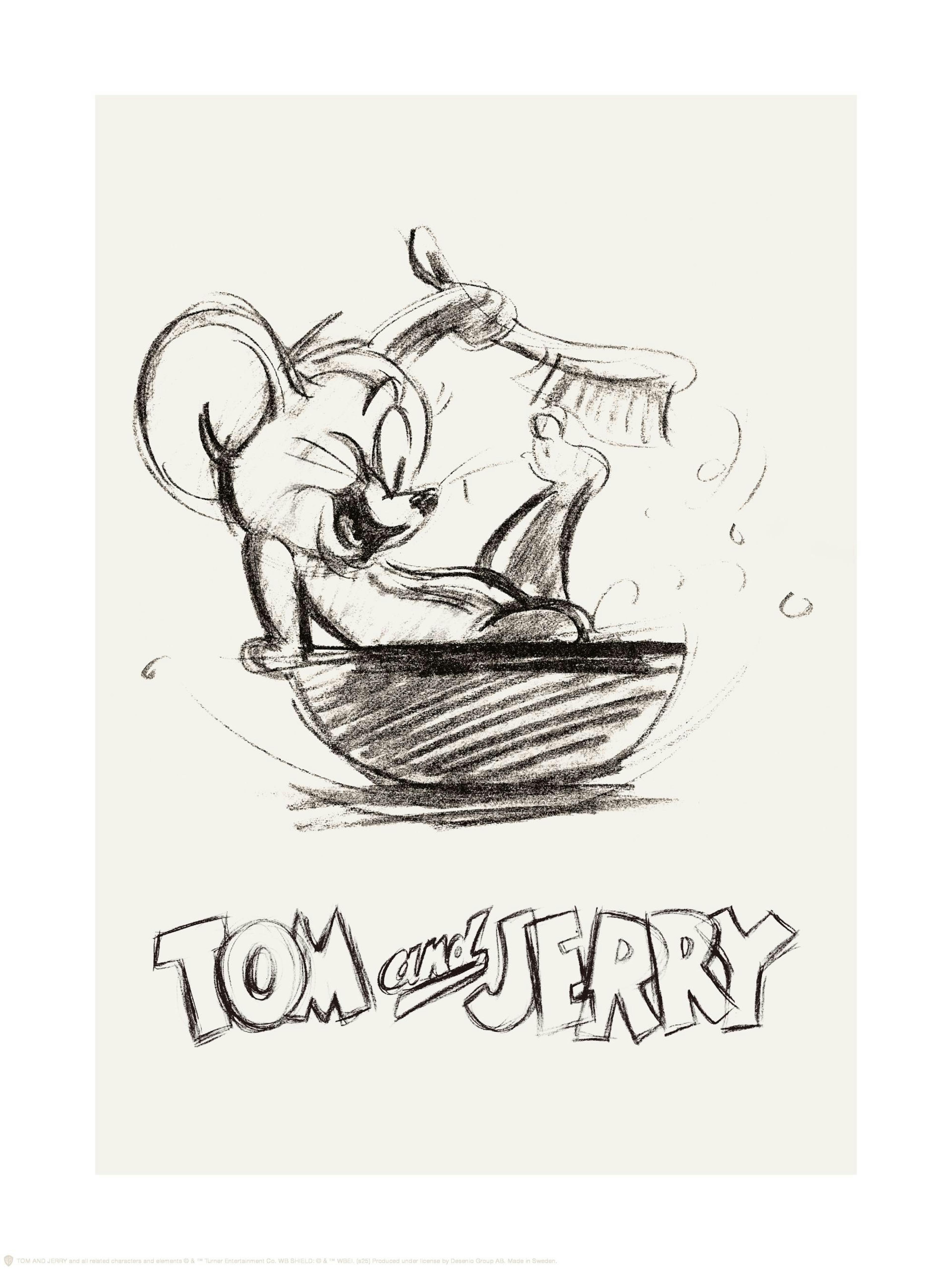 Póster de boceto de Tom y Jerry™: Jerry se baña felizmente en un cuenco con un cepillo sobre fondo beige.