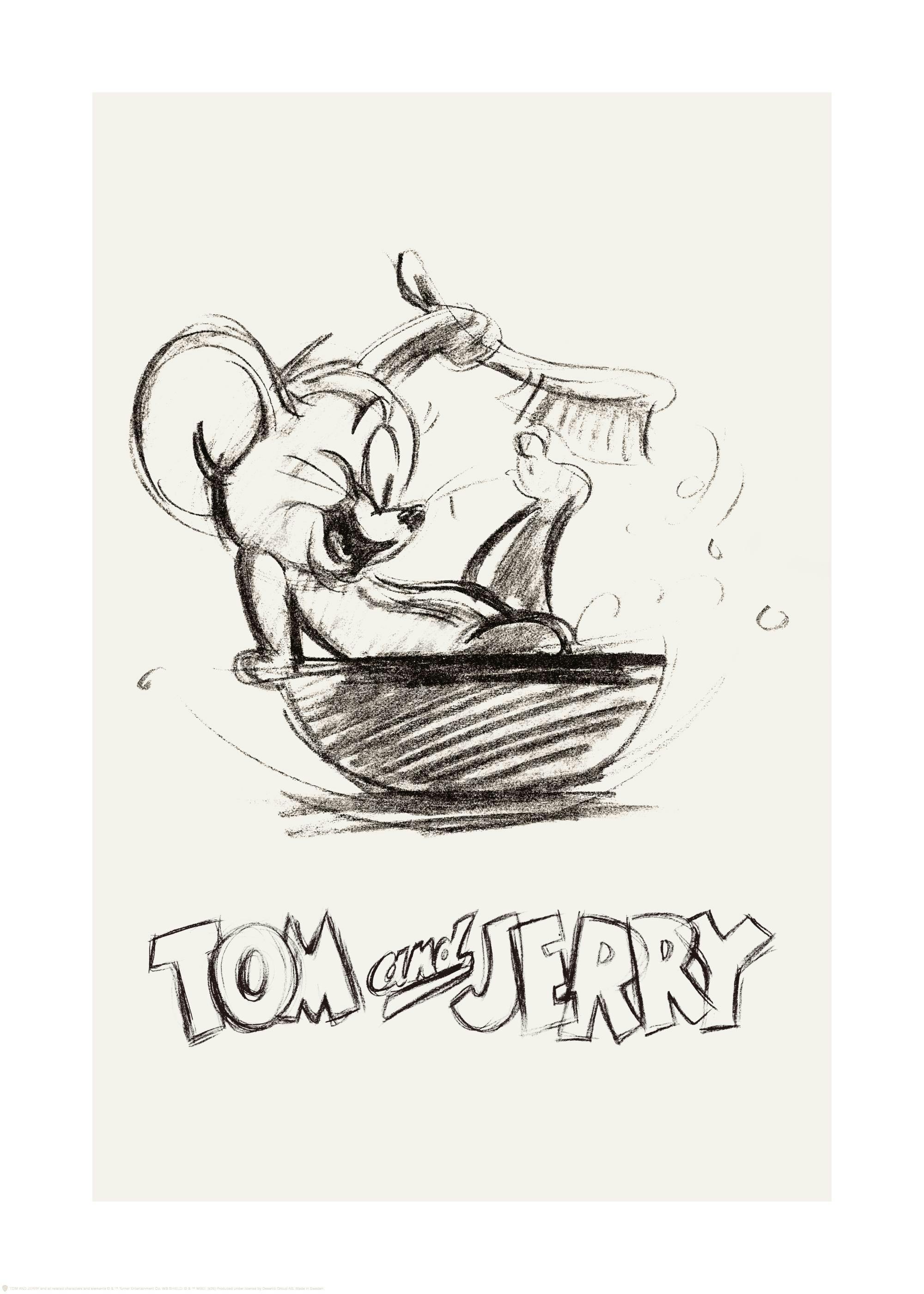톰과 제리 스케치 포스터, 제리가 그릇에 목욕하는 모습, 베이지색 배경