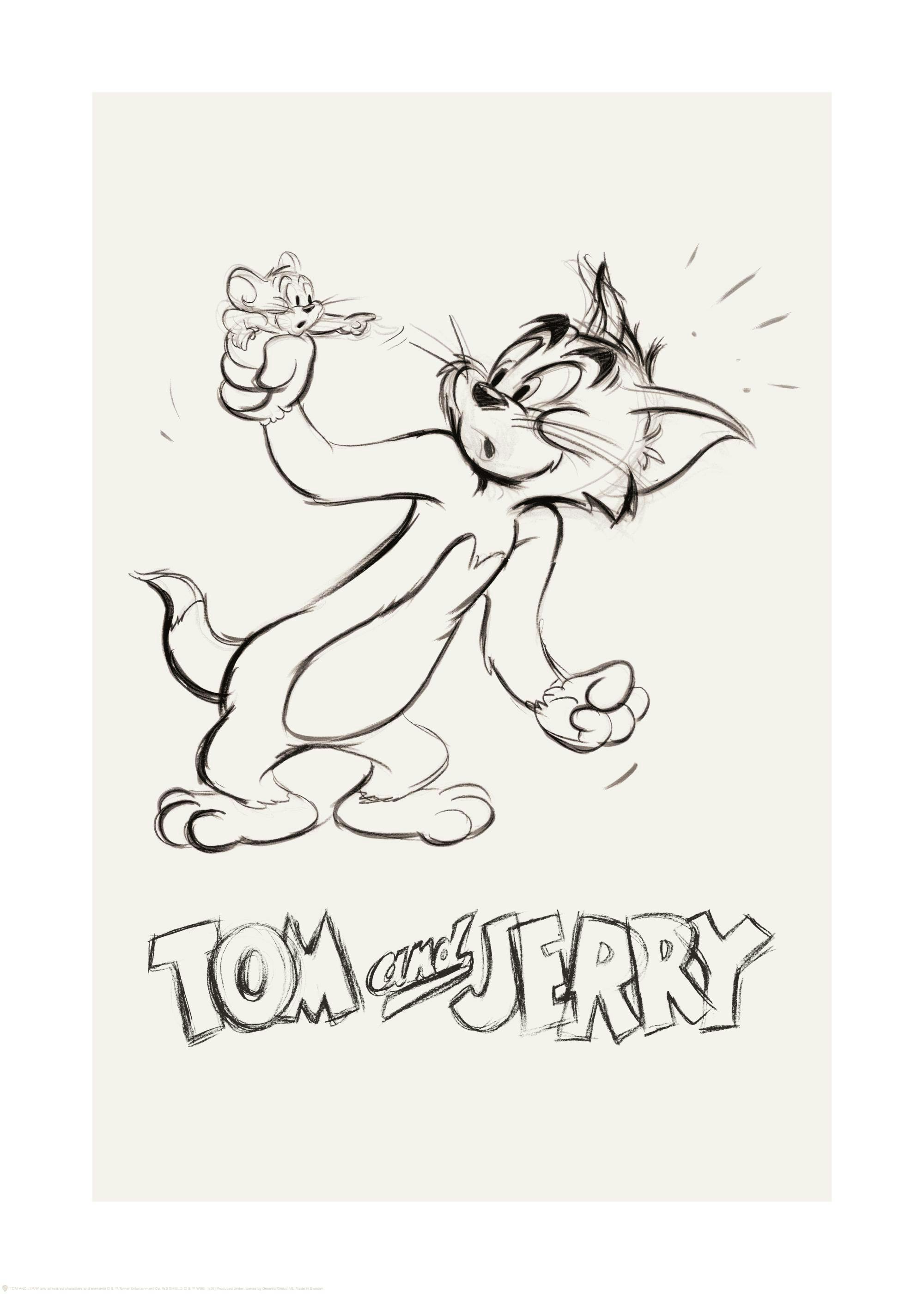 Tom & Jerry™ sketch print of Tom holding Jerry in his paw against a beige background, perfect for a poster.
