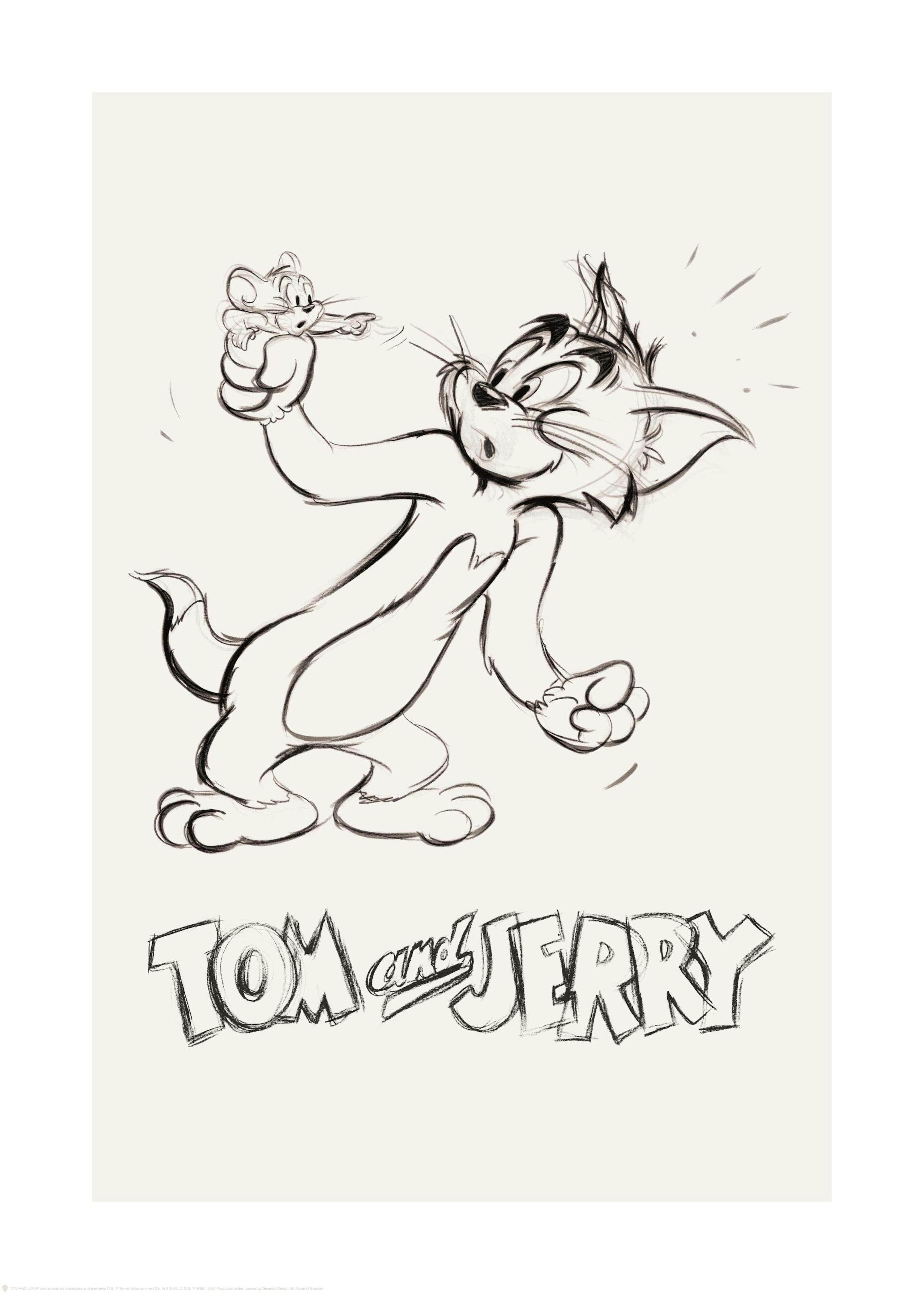 Affiche Tom & Jerry avec Tom tenant Jerry dans sa patte, sur fond beige, typographie Tom et Jerry