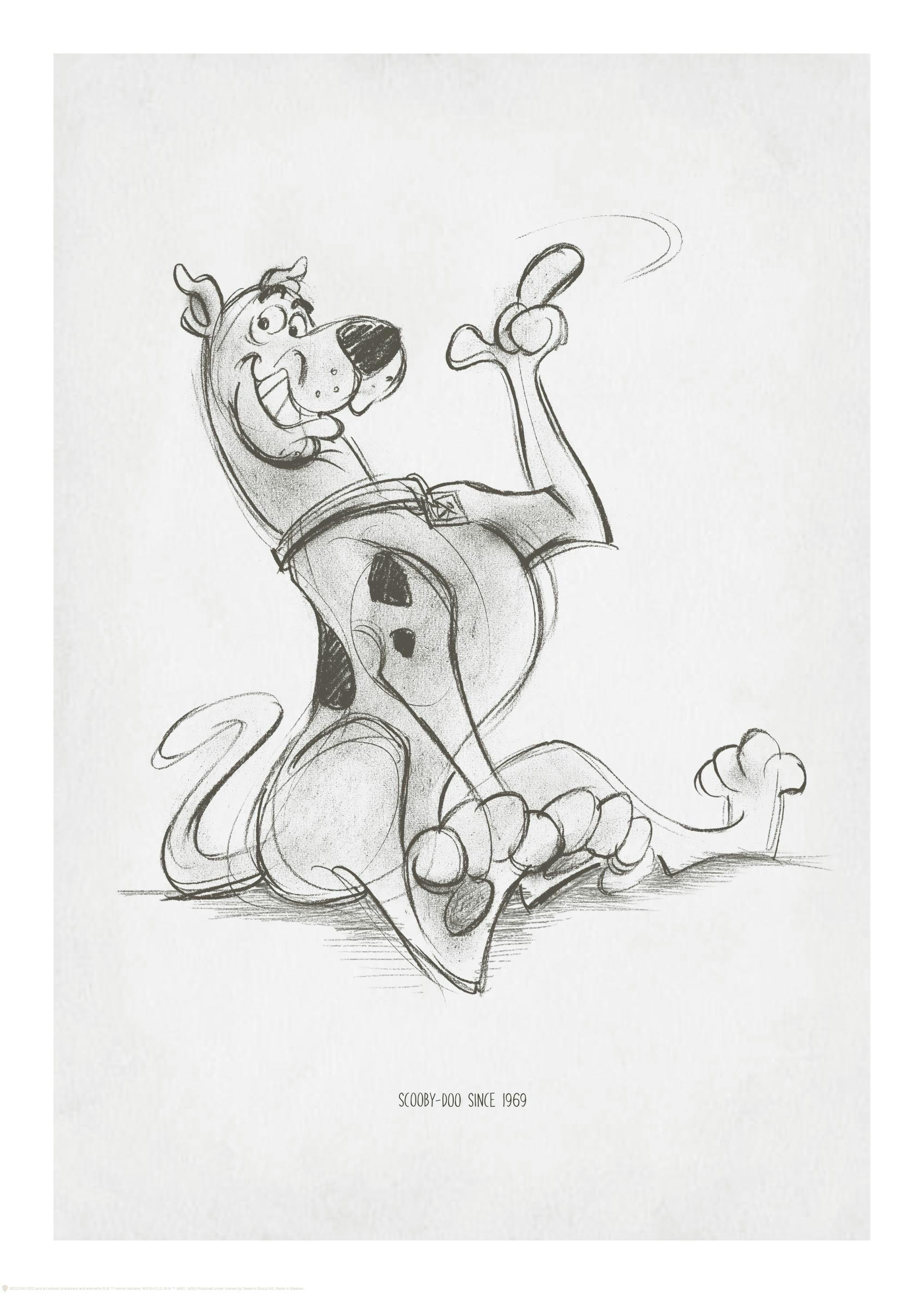Affiche noir et gris dun dessin animé de chien Scooby-Doo souriant avec le texte Scooby-Doo since 1969