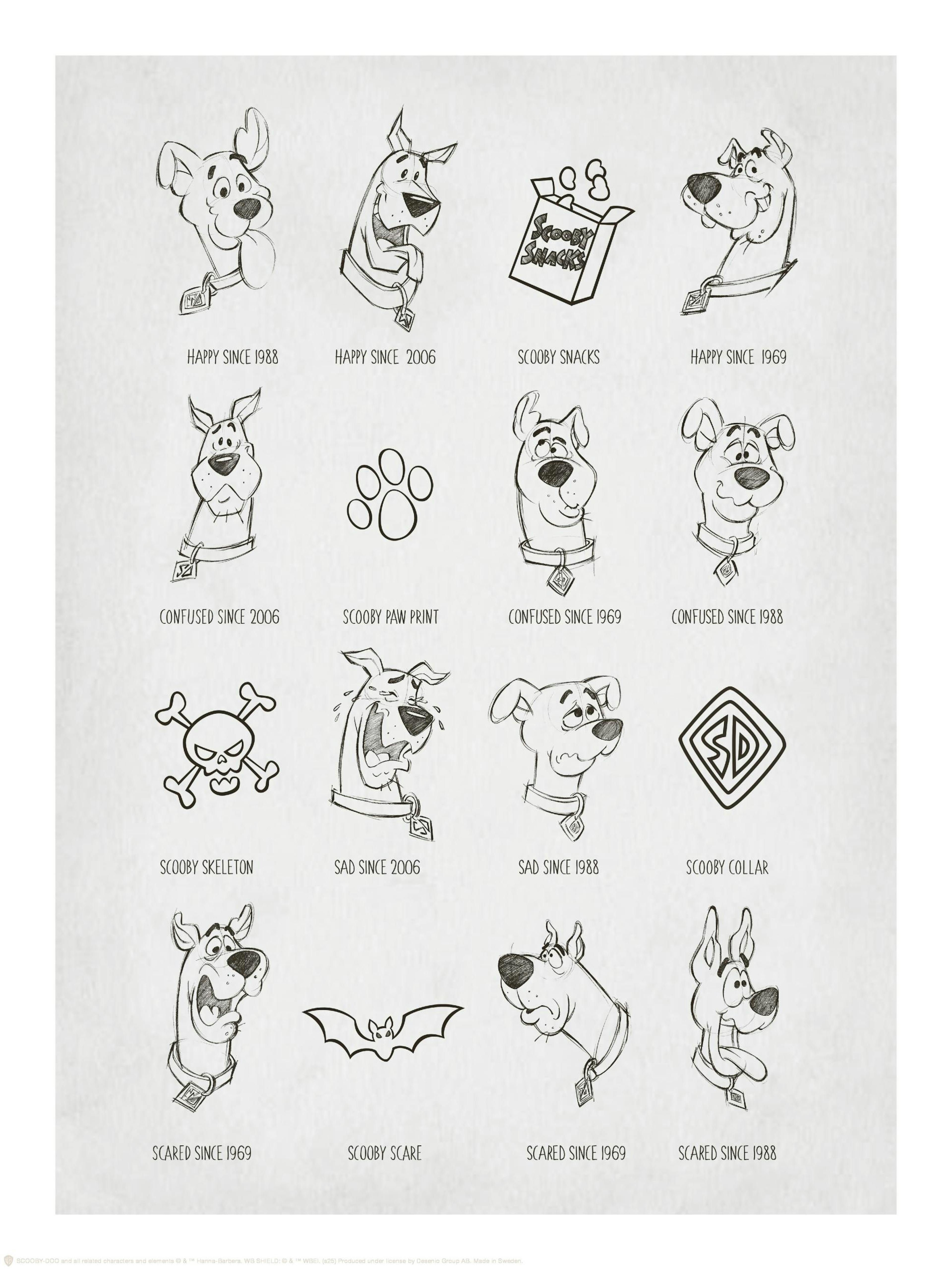 Scooby-Doo Skizzenposter mit verschiedenen Gesichtsausdrücken und Objekten in Schwarz-Weiß, das seine Stimmungen und seinen Char