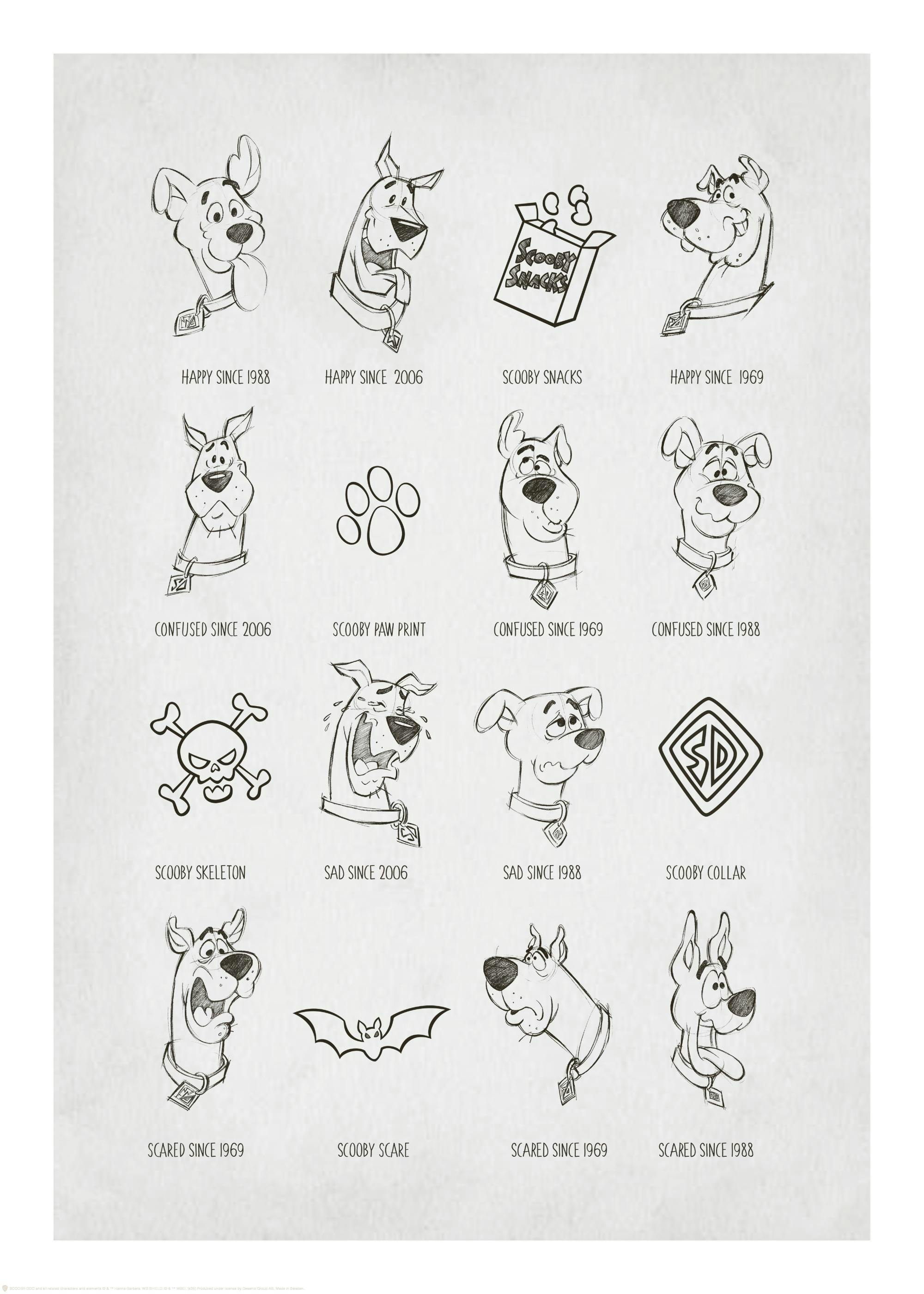 Póster de bocetos de Scooby-Doo en blanco y negro, mostrando sus variadas expresiones y elementos icónicos como los Scooby Snack