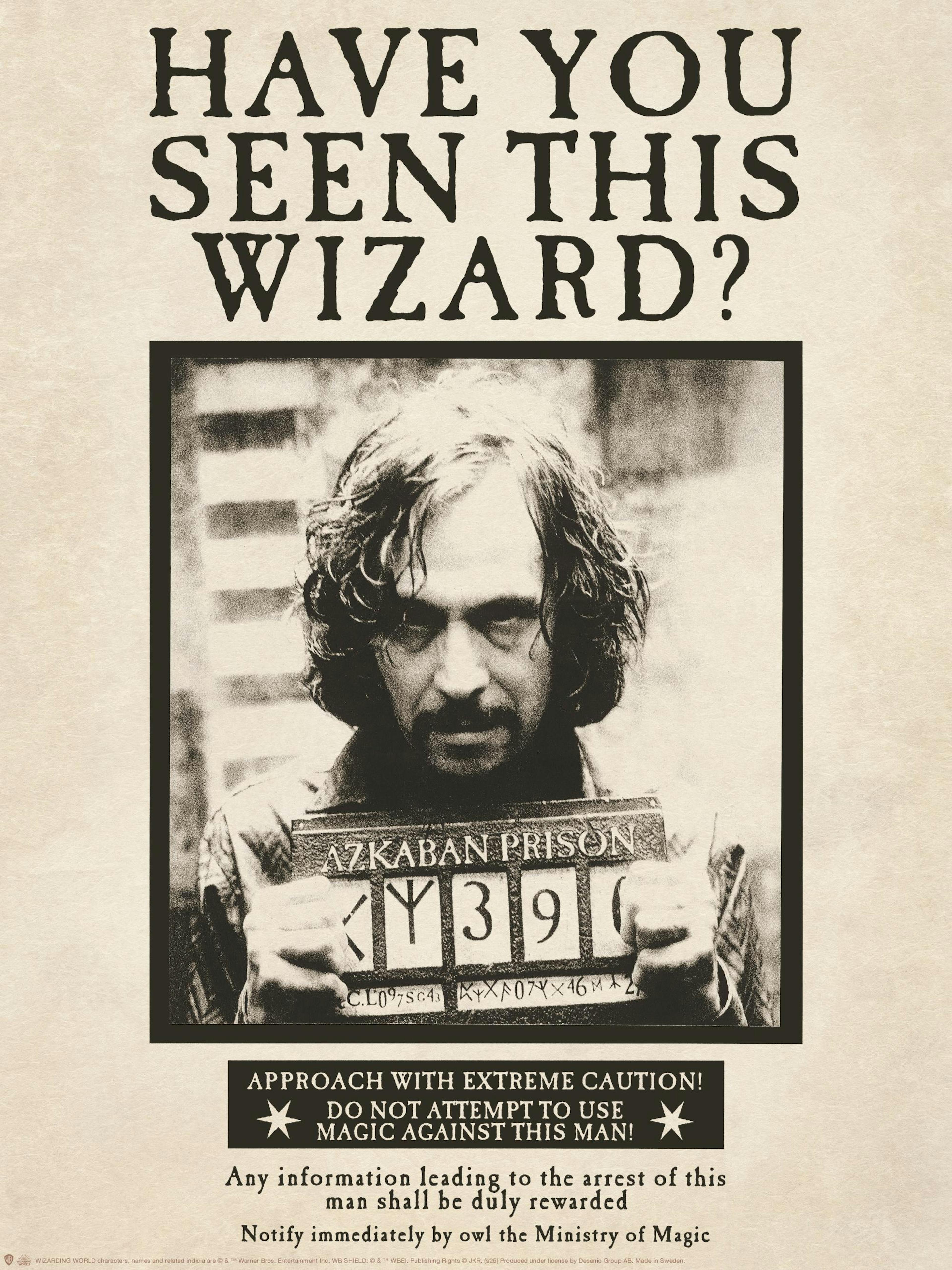 Poster Harry Potter con Sirius Black, foto segnaletica di Azkaban, bianco e nero, Have You Seen This Wizard?.