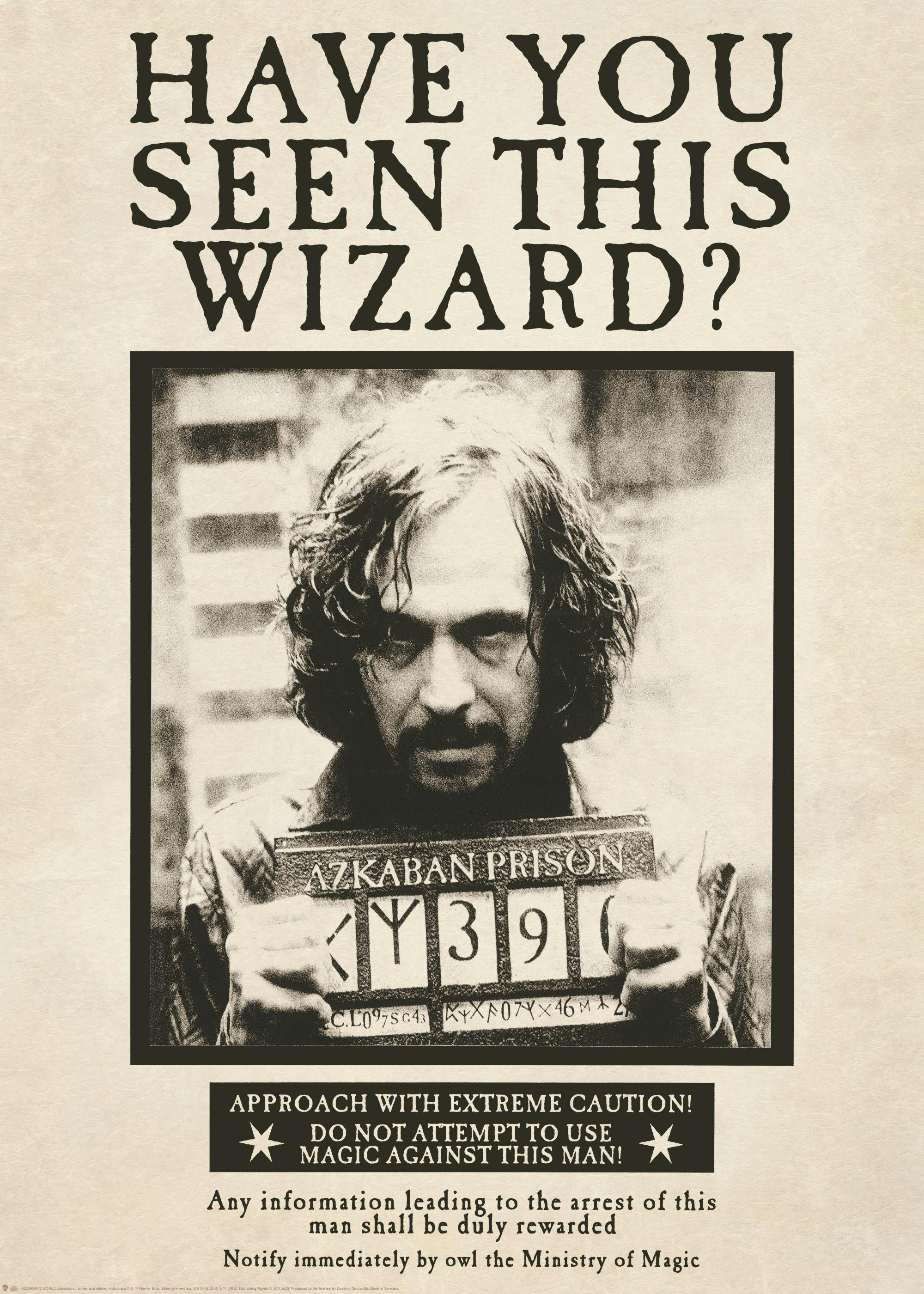 Poster Harry Potter con Sirius Black, foto segnaletica di Azkaban, bianco e nero, Have You Seen This Wizard?.
