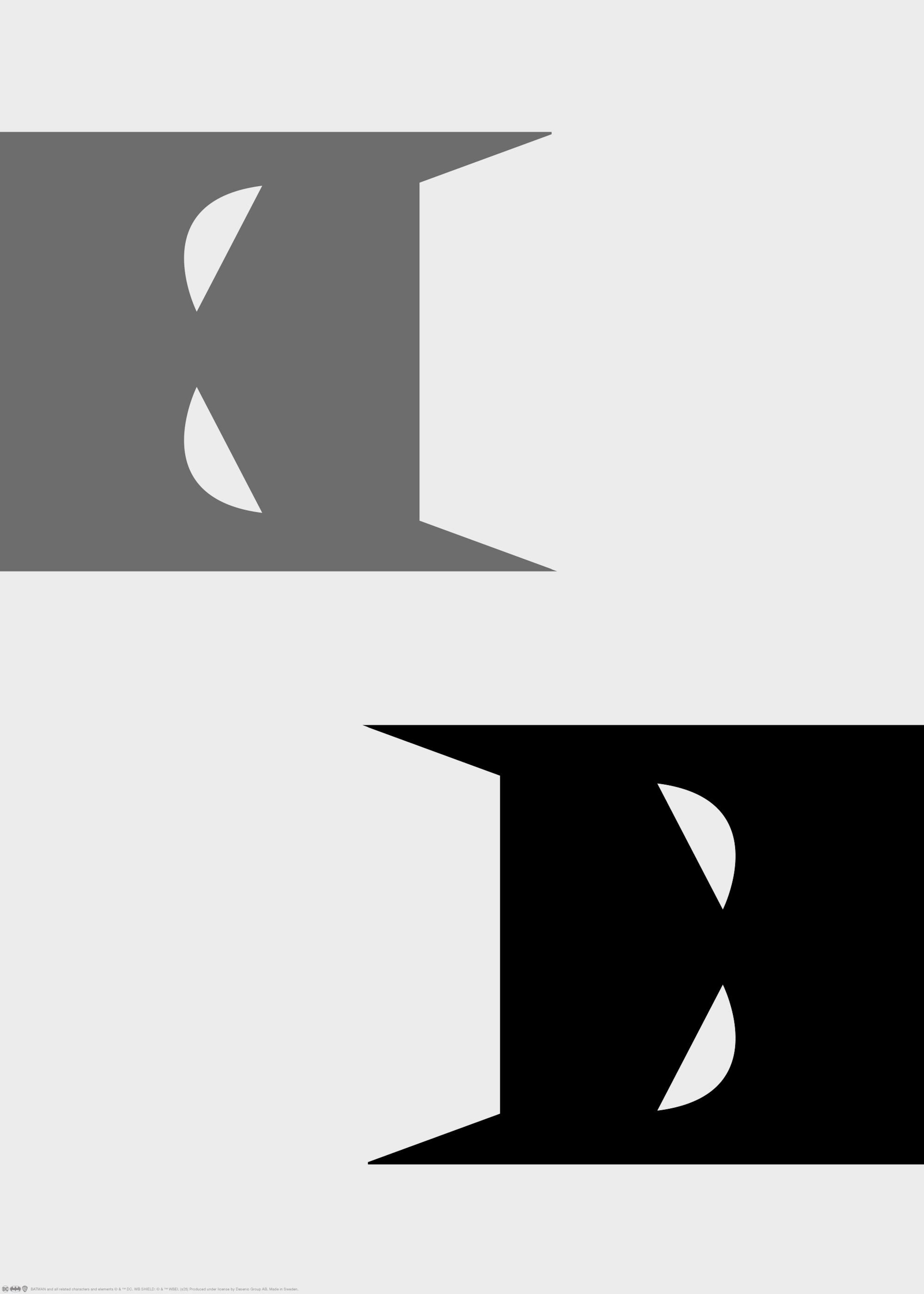 Graphic Batman print with two stylized Batman faces, one grey and one black, on a white background.