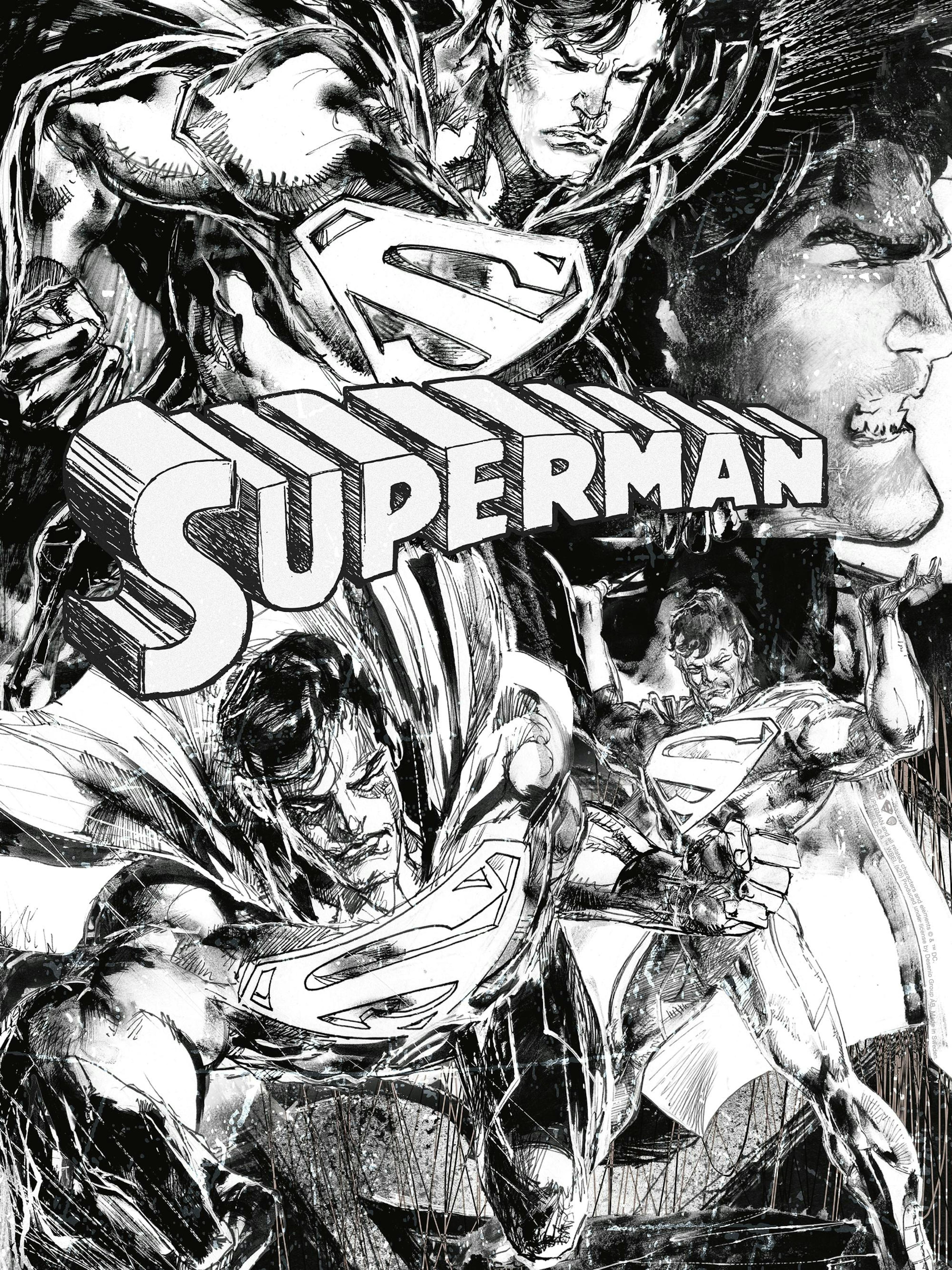 Ασπρόμαυρο σκίτσο Superman, με πολλαπλές απεικονίσεις του υπερήρωα σε δράση και το λογότυπο