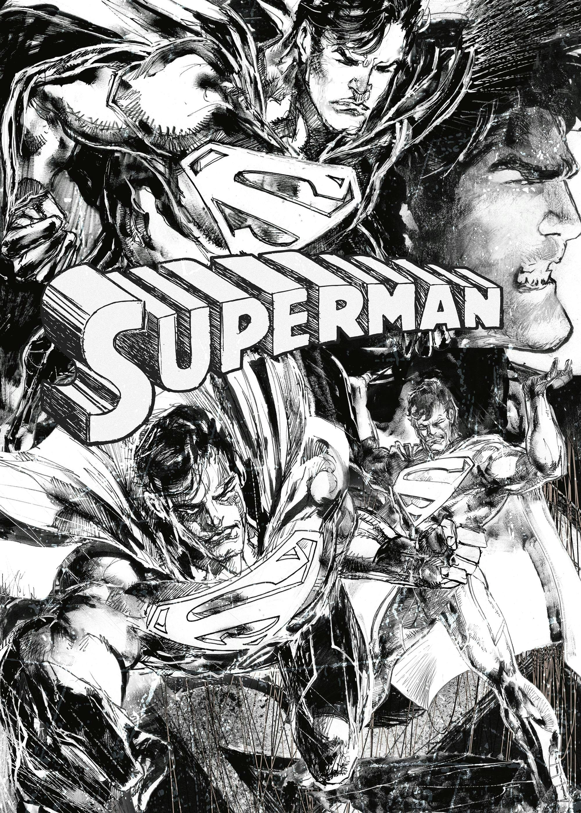Black and white Superman comic sketch print featuring multiple poses and the Superman logo, ideal as a poster.