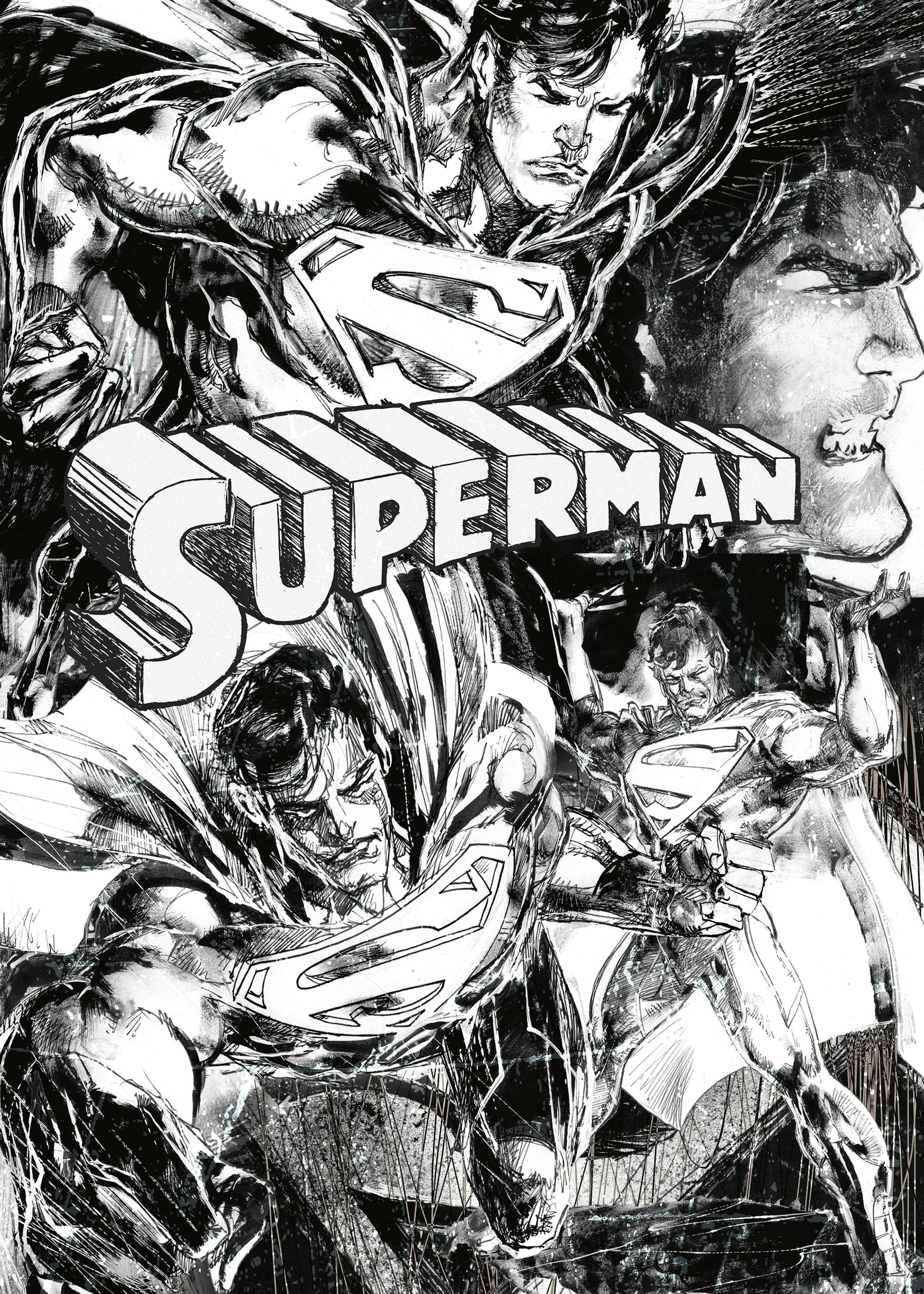 Schwarz-weiße Superman-Skizzen, dynamisches Superhelden-Poster mit ikonischem S-Logo und Action-Posen.