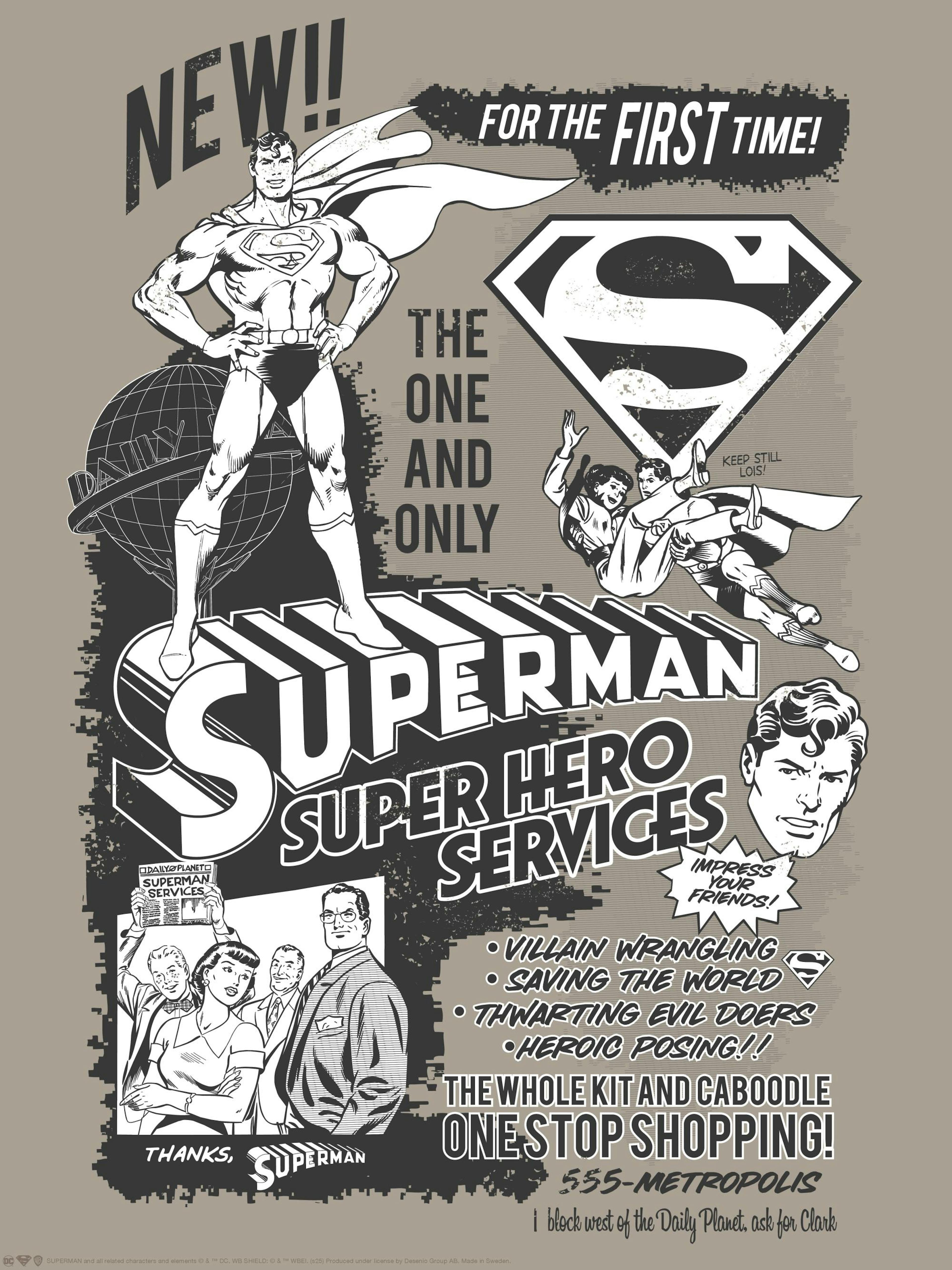 Retro Superman poster in black and white with brown background, featuring a vintage ad for Superman Super Hero Services.