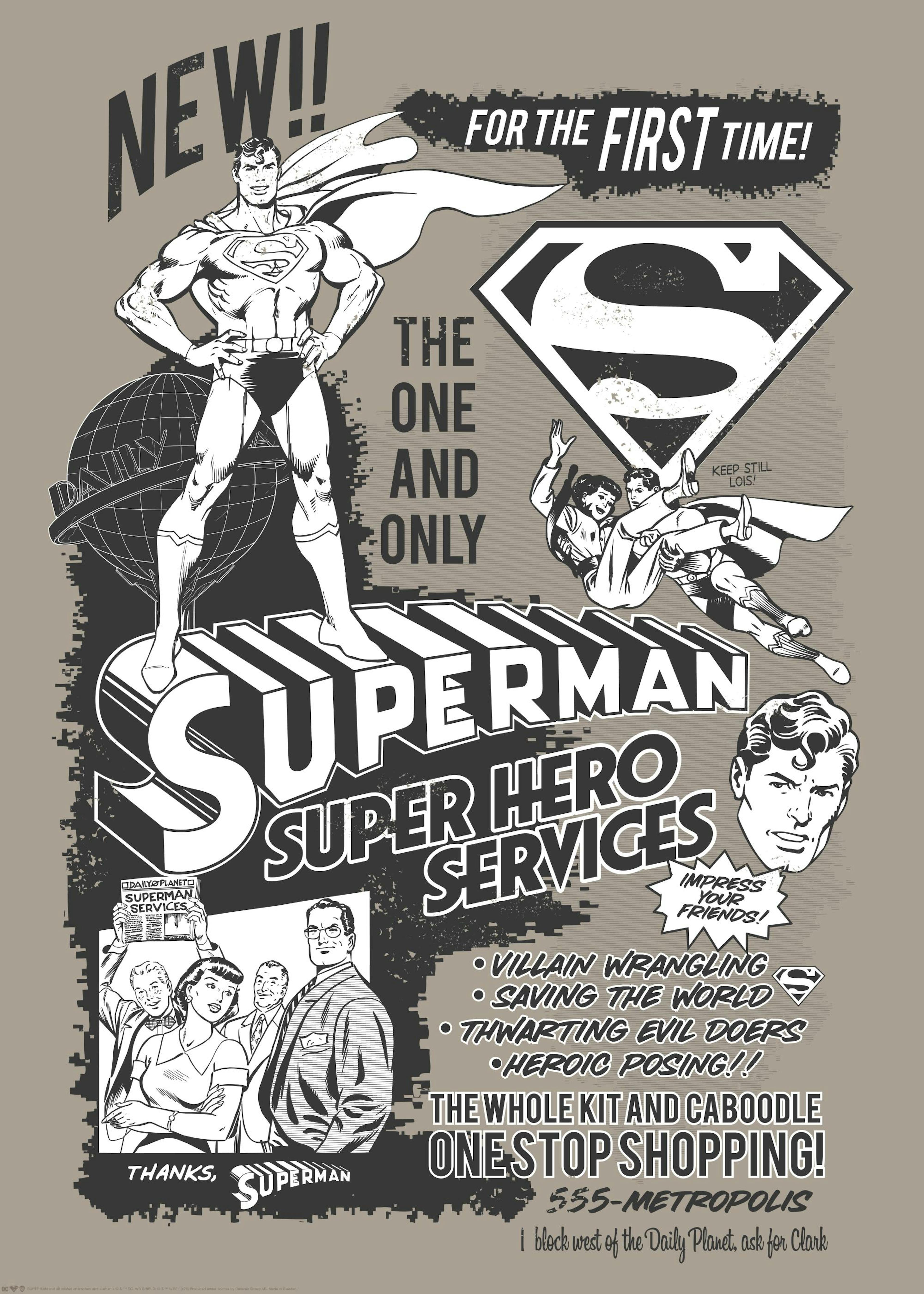 Affiche Superman rétro noir et blanc, style typographie, sur fond marron-gris, détaillant ses services de super-héros.