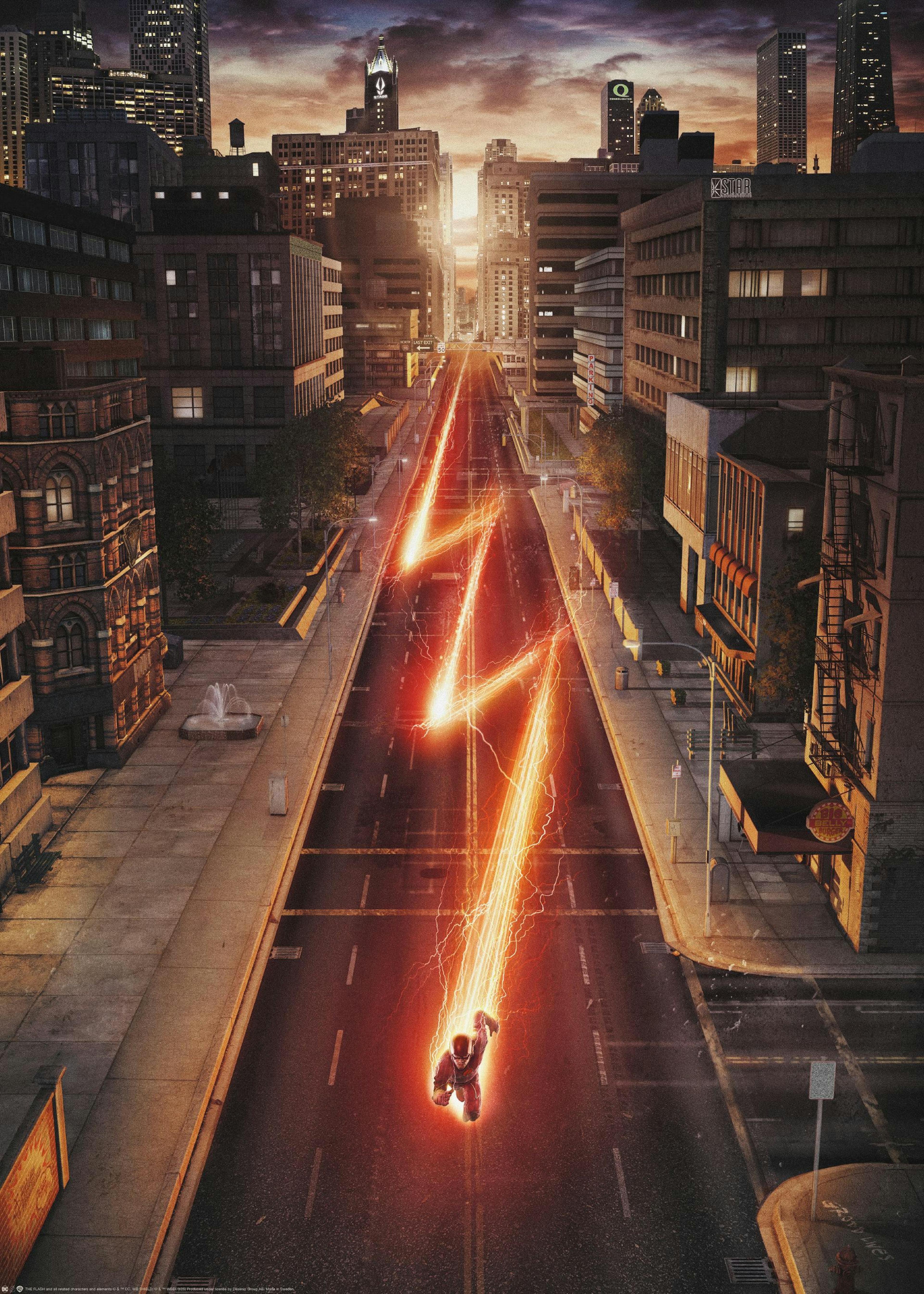 The Flash running at high speed creating a lightning strike in Central City, dynamic superhero poster print.