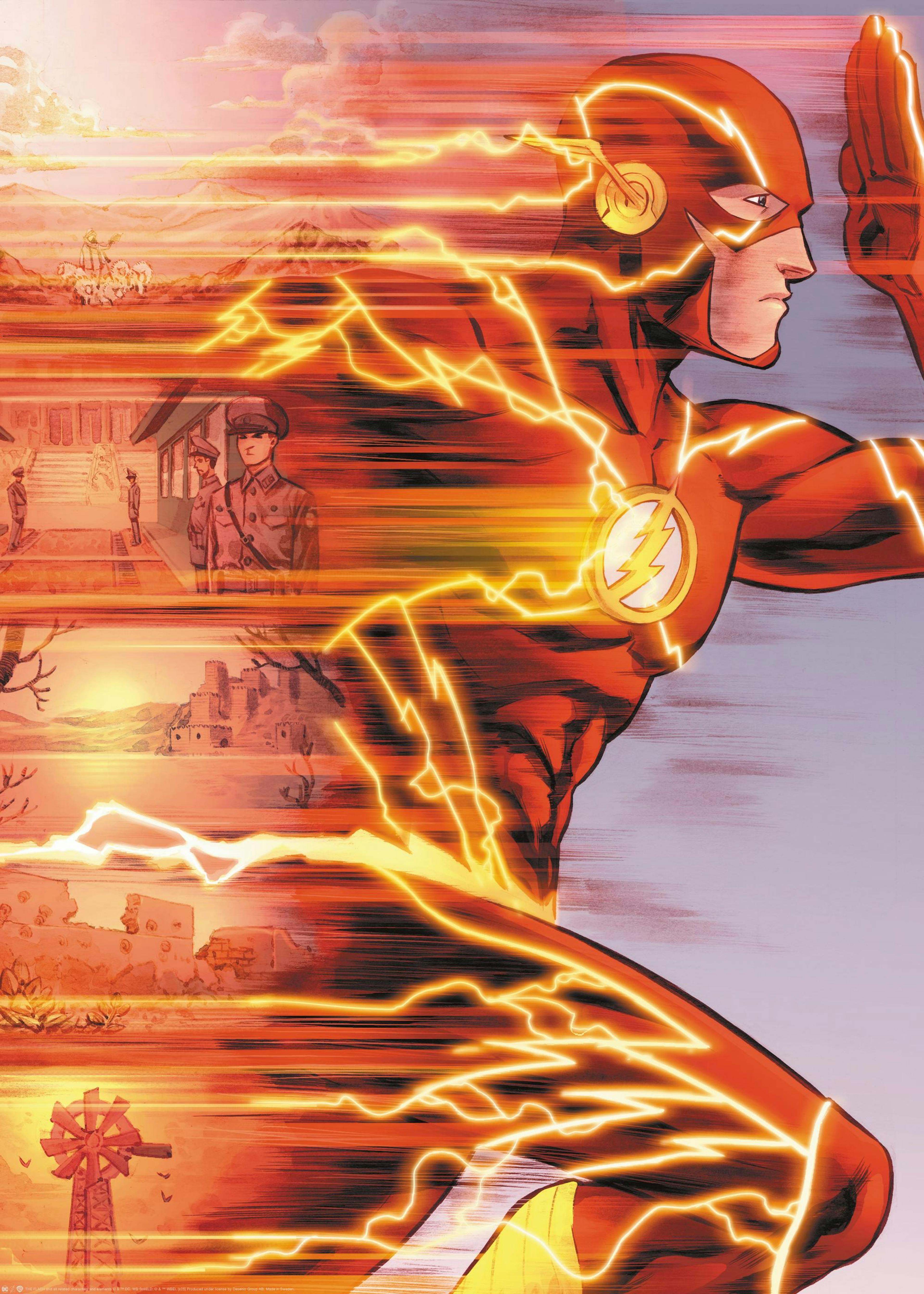 Ο Flash τρέχει με ταχύτητα, κόκκινη στολή, κίτρινες αστραπές, δυναμική κίνηση, κόμικ