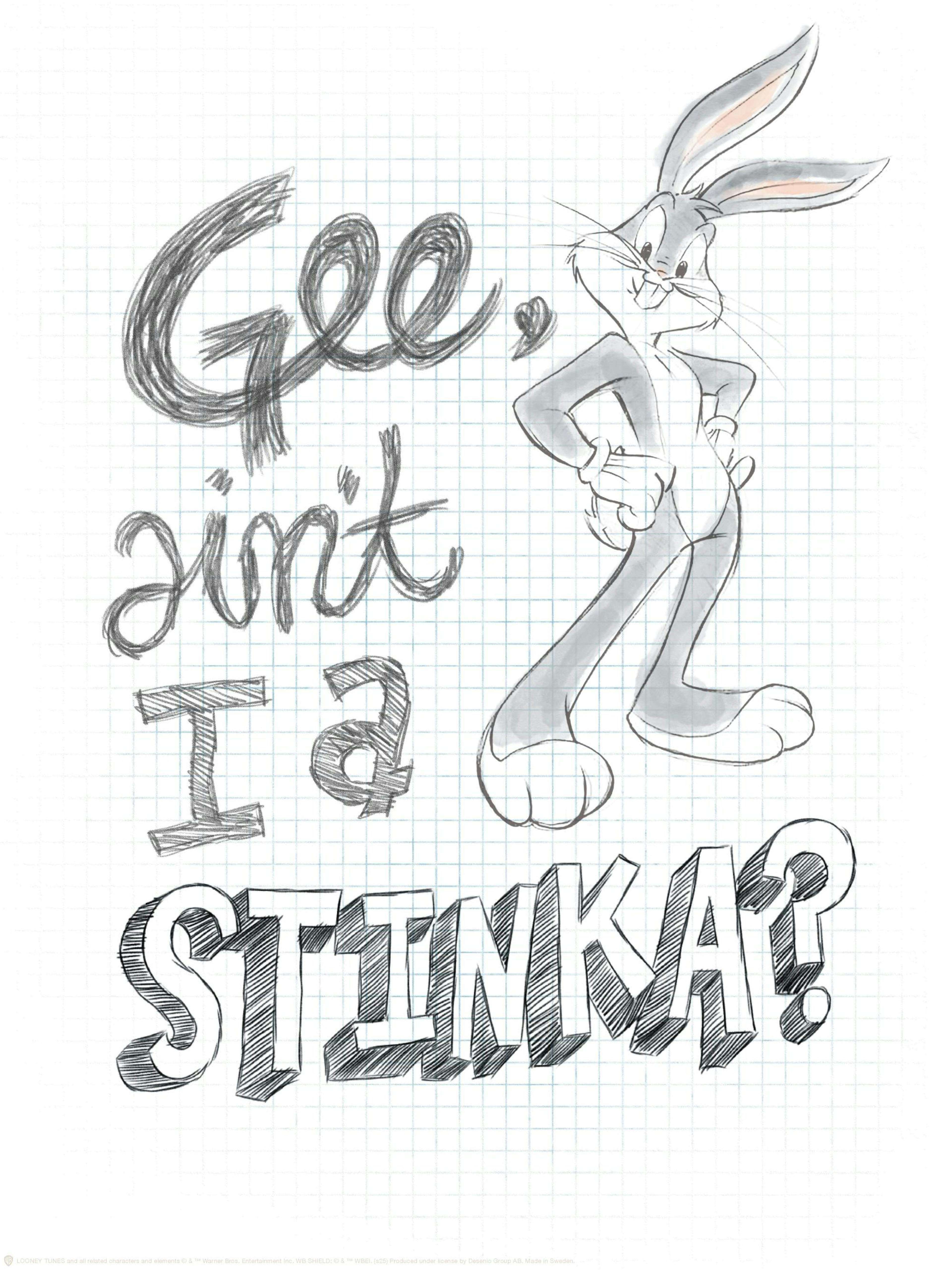 Looney Tunes Bugs Bunny plakat, svart-hvitt skisse med teksten Gee, Aint I A Stinka? på rutepapirbakgrunn.