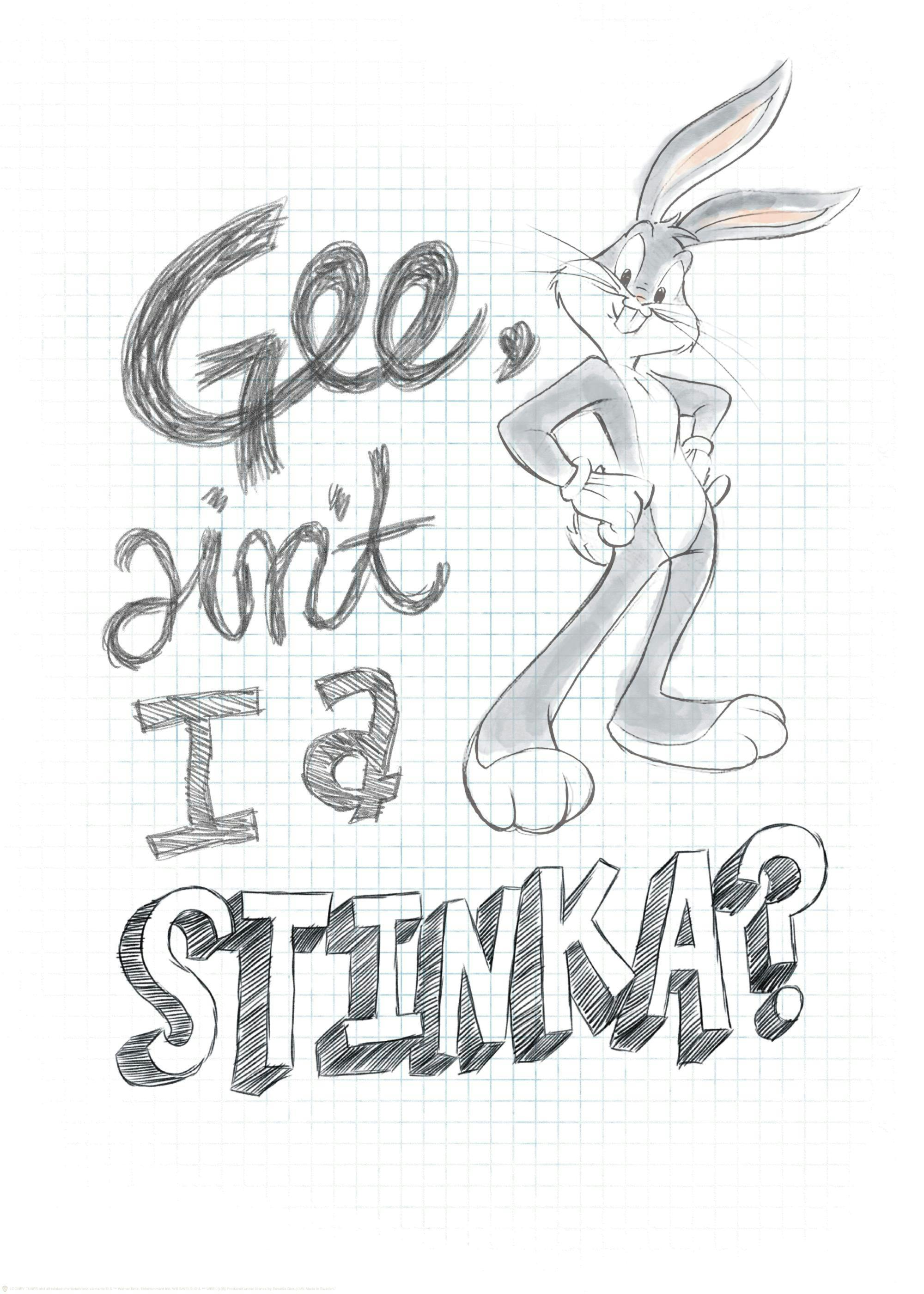 Looney Tunes Bugs Bunny plakat, svart-hvitt skisse med teksten Gee, Aint I A Stinka? på rutepapirbakgrunn.