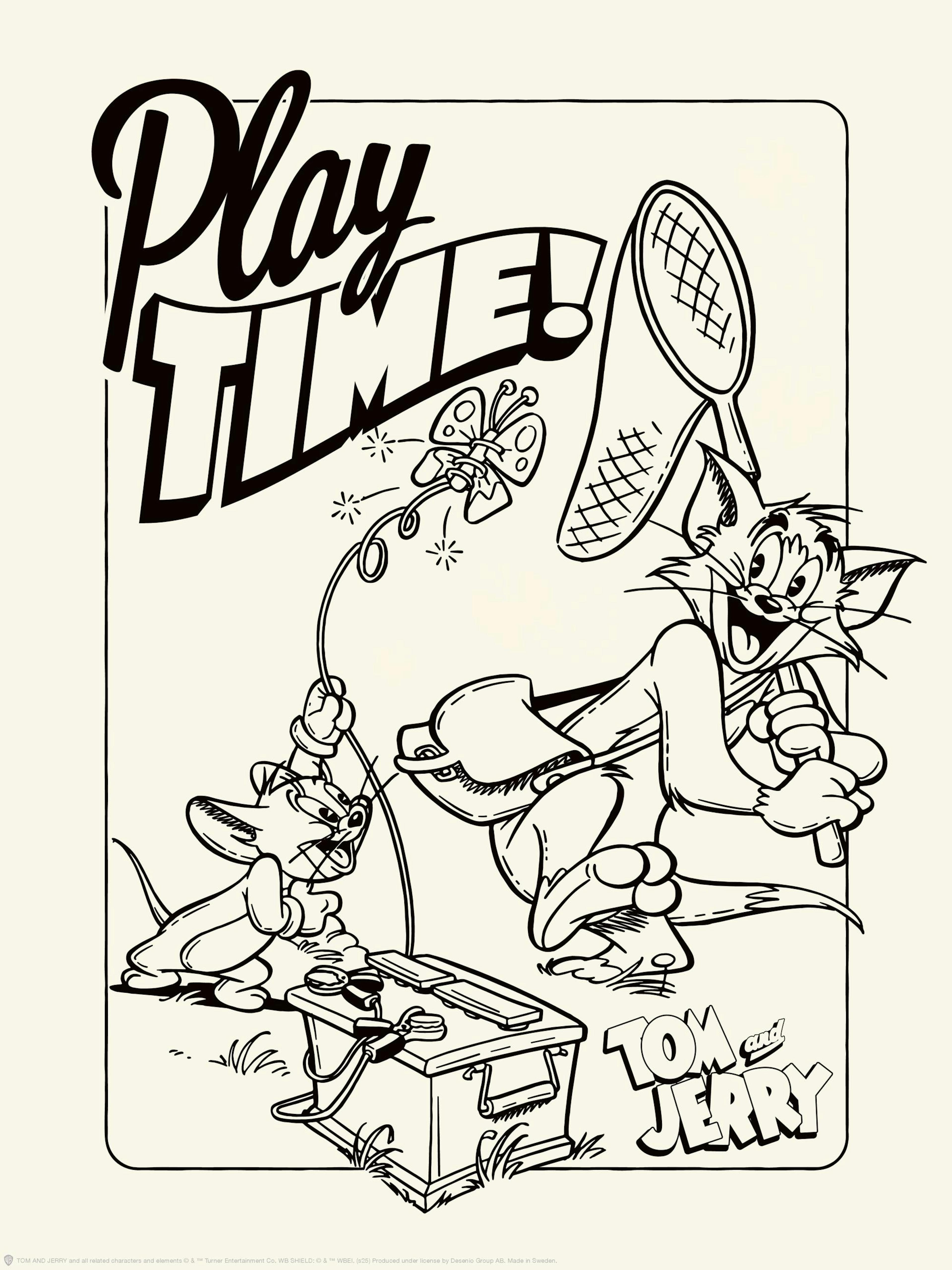 Schwarz-weißes Tom & Jerry Poster von Jerry, der einen Schmetterling mit einem Stock aufzieht, und Tom, der sich mit einem Insek