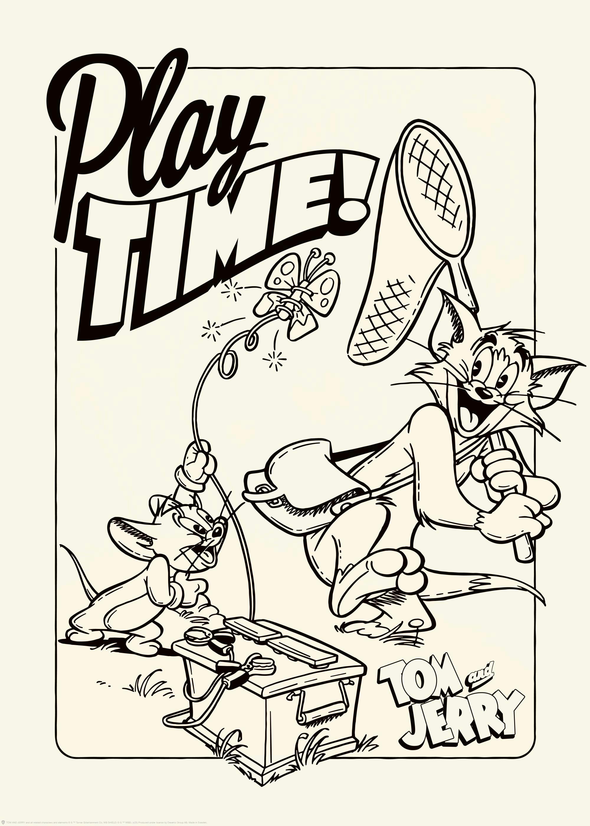 Black and beige Tom & Jerry poster with Tom holding a net and Jerry playing with a toy butterfly