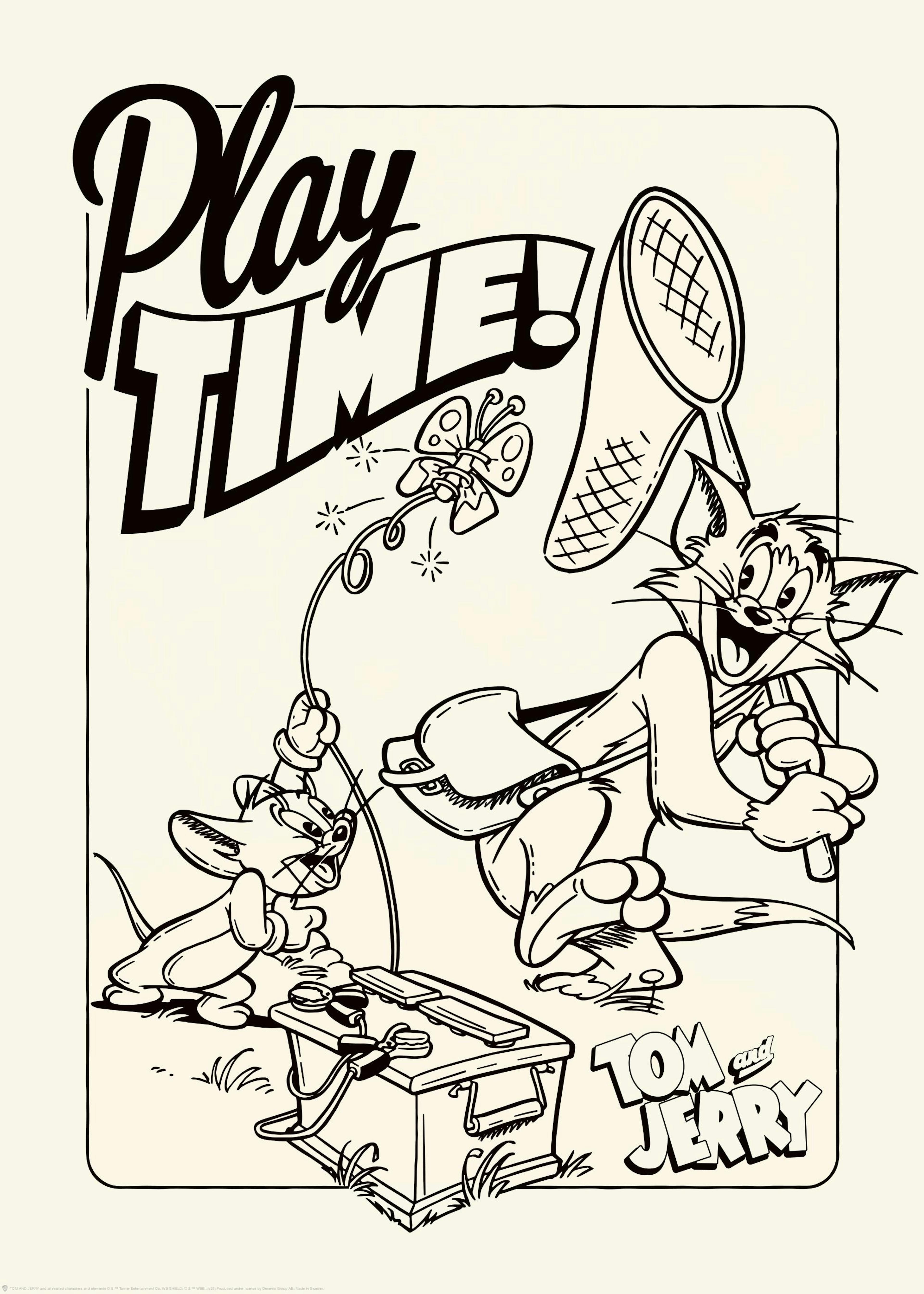 Affiche noir et beige Tom et Jerry jouant avec un papillon, texte Play Time en haut