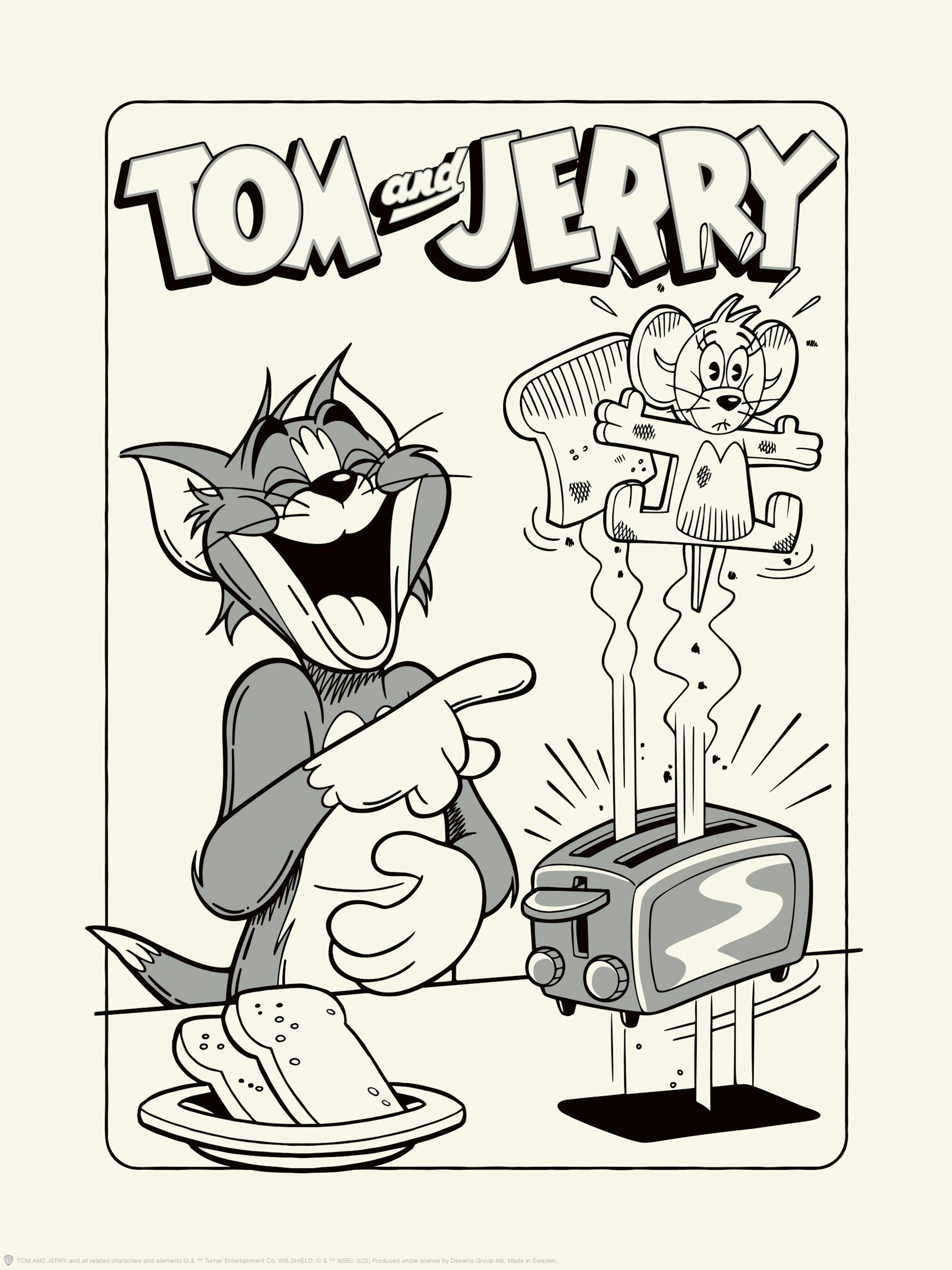 Tom laughing at Jerry emerging from a toaster, black, grey, and beige Tom and Jerry cartoon poster.