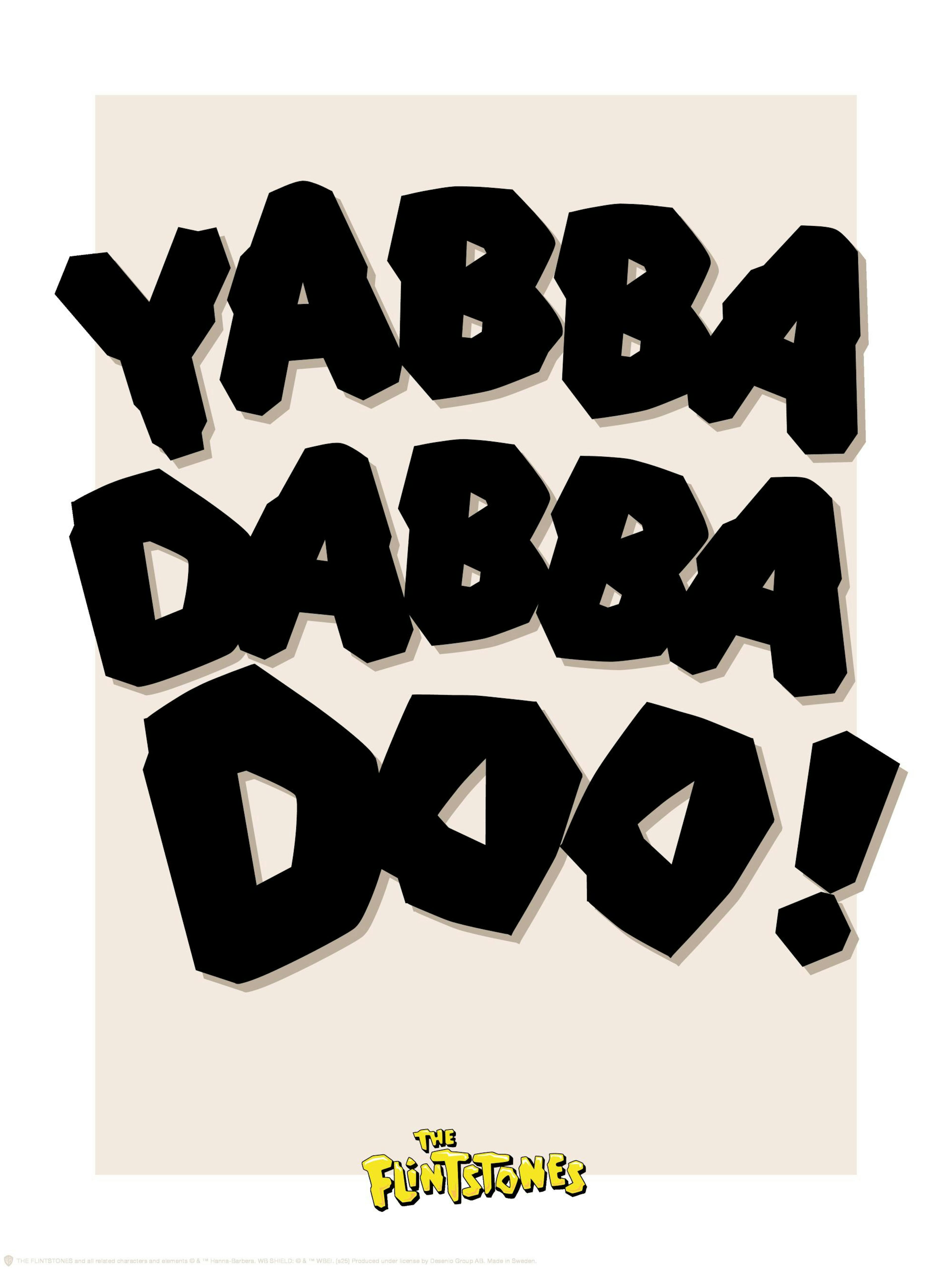 The Flintstones Yabba Dabba Doo! Poster, schwarz auf beigem Hintergrund, mit gelbem Logo unten. Kinderzimmer-Wandkunst.