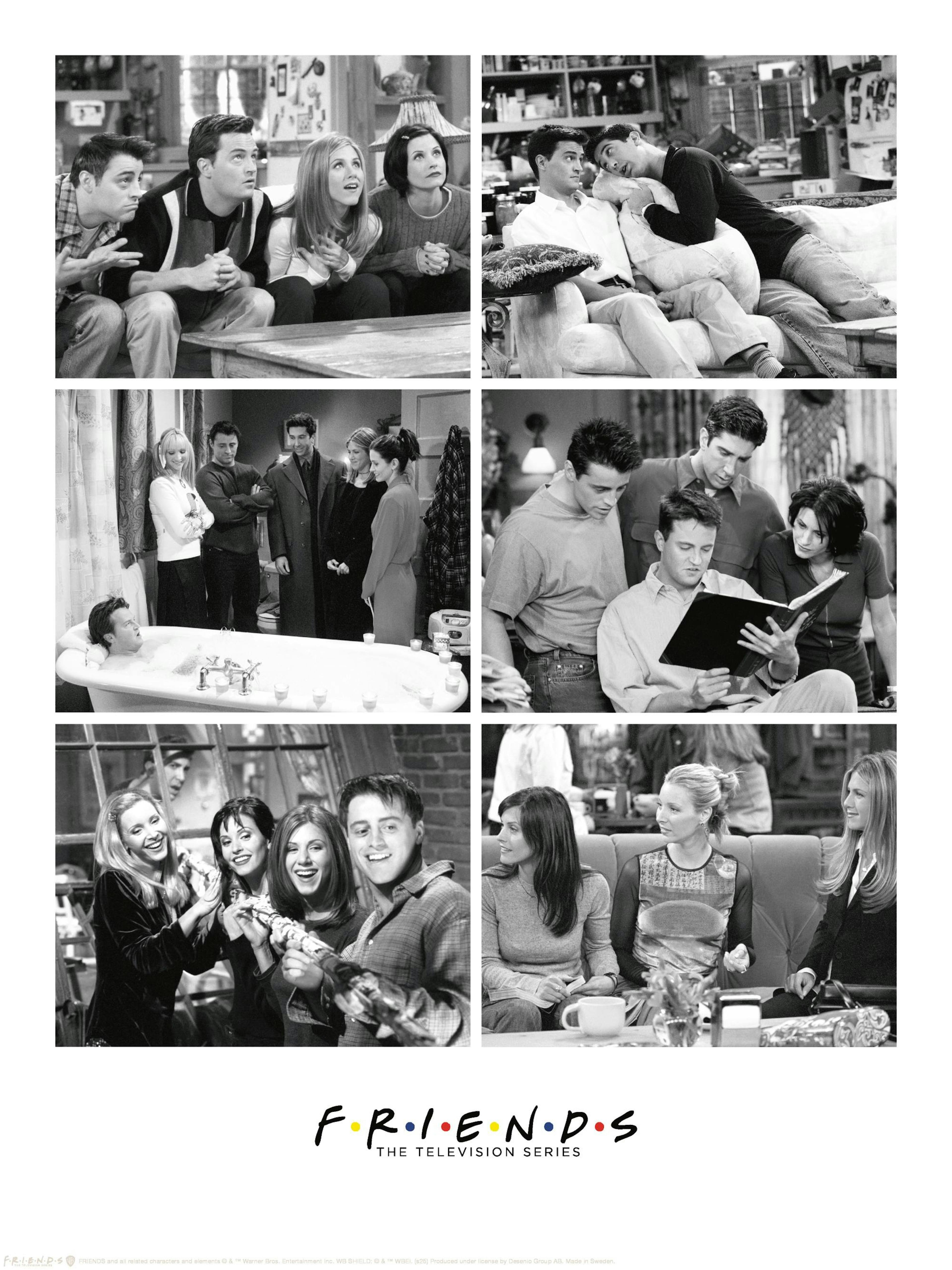 Póster collage en blanco y negro de Friends con escenas icónicas de la serie, mostrando a los personajes principales en varios m