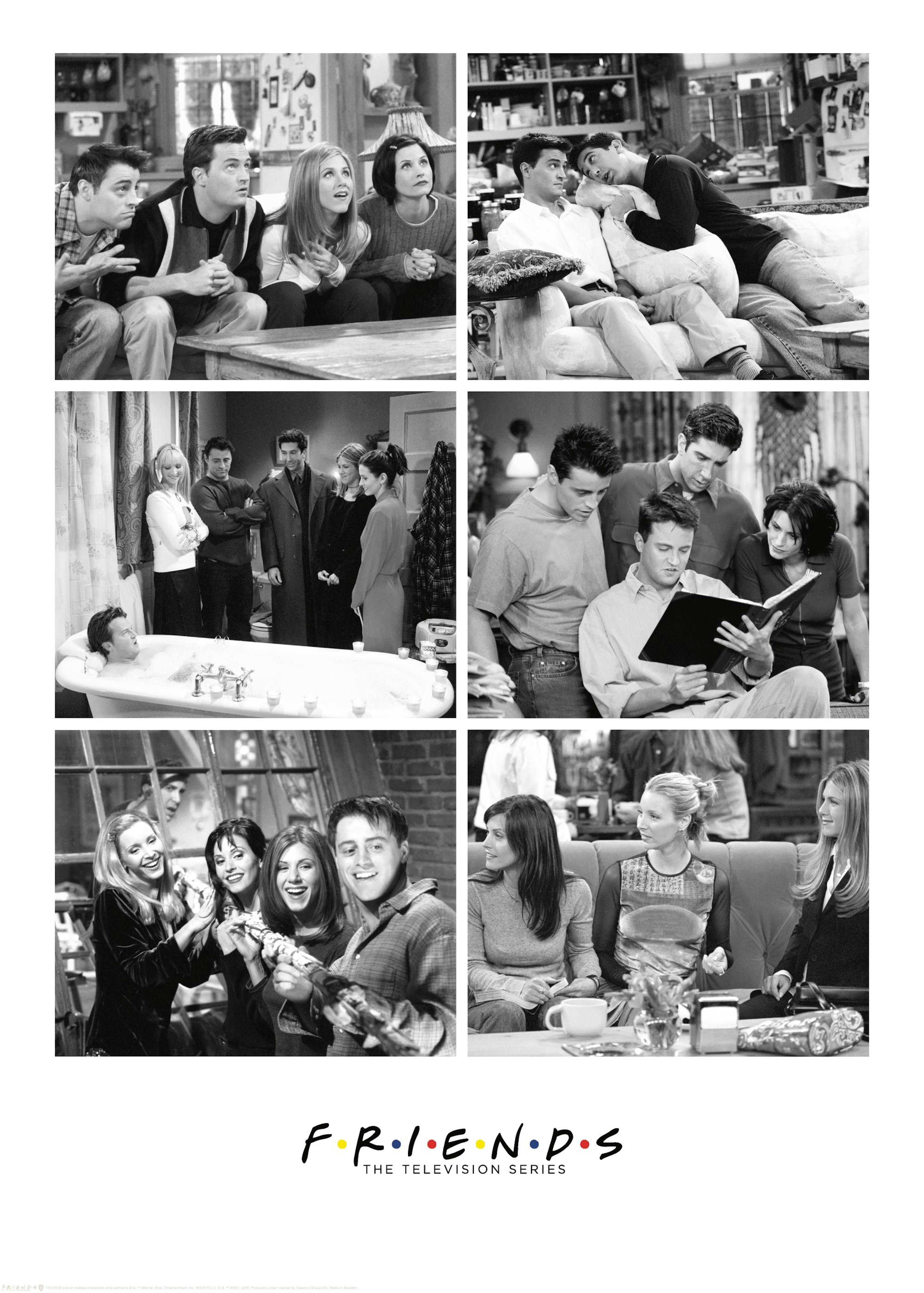 Affiche noir et blanc Friends, collage photo des personnages principaux de la série, typographie Friends en bas