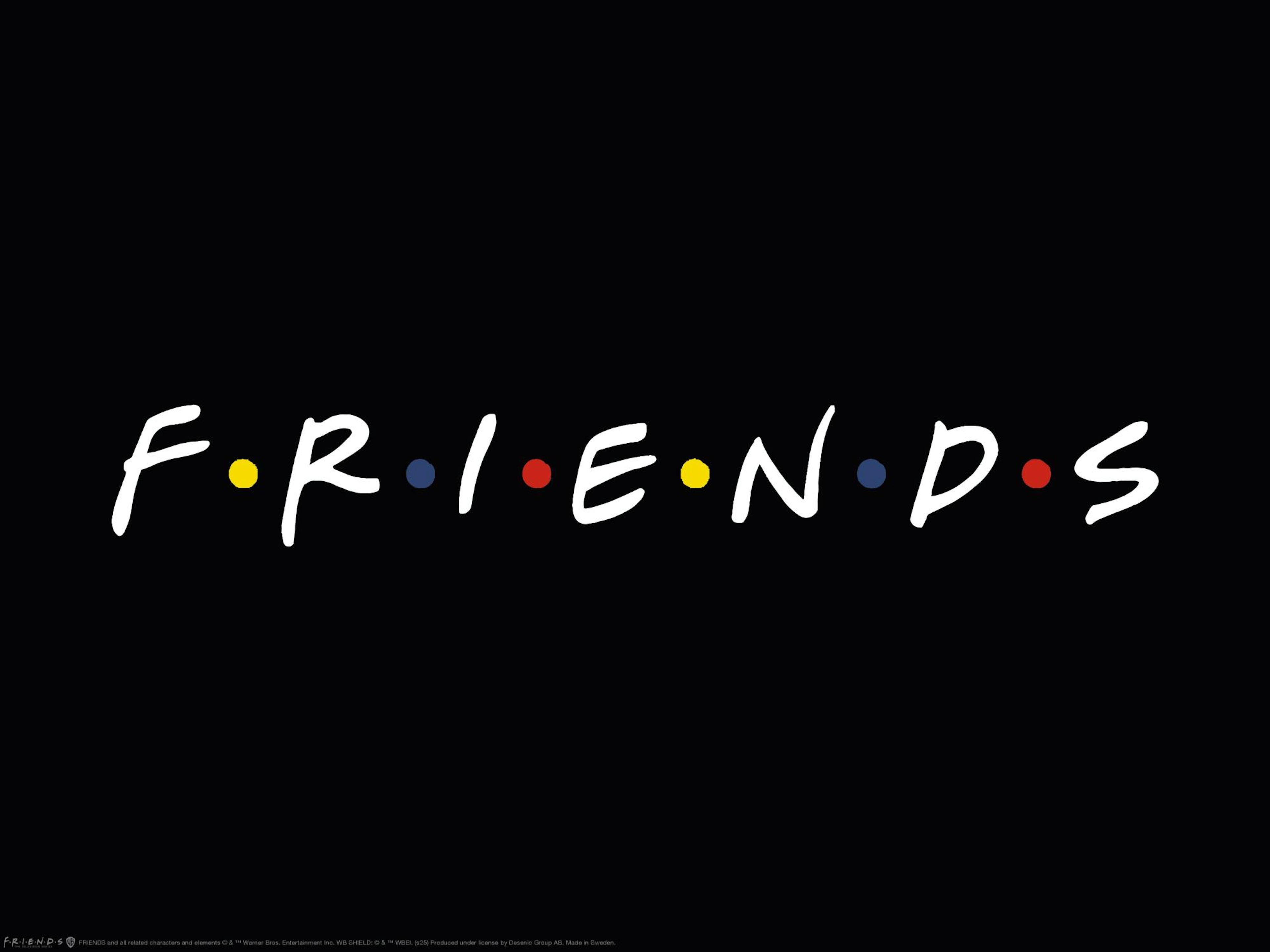 Friends Logo Poster, schwarzer Hintergrund mit weißer Schrift und farbigen Punkten zwischen den Buchstaben.