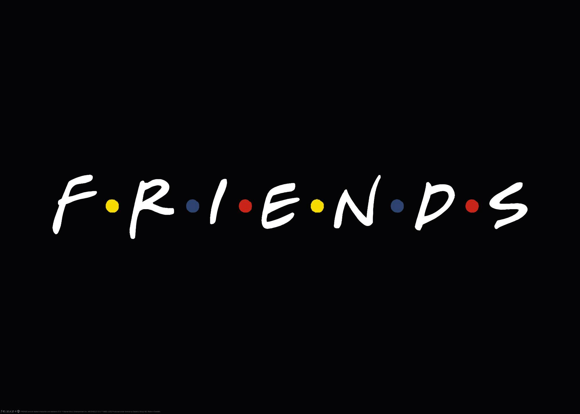 Zwarte poster met wit Friends™ logo met gekleurde stippen tussen de letters, de iconische tv-serie