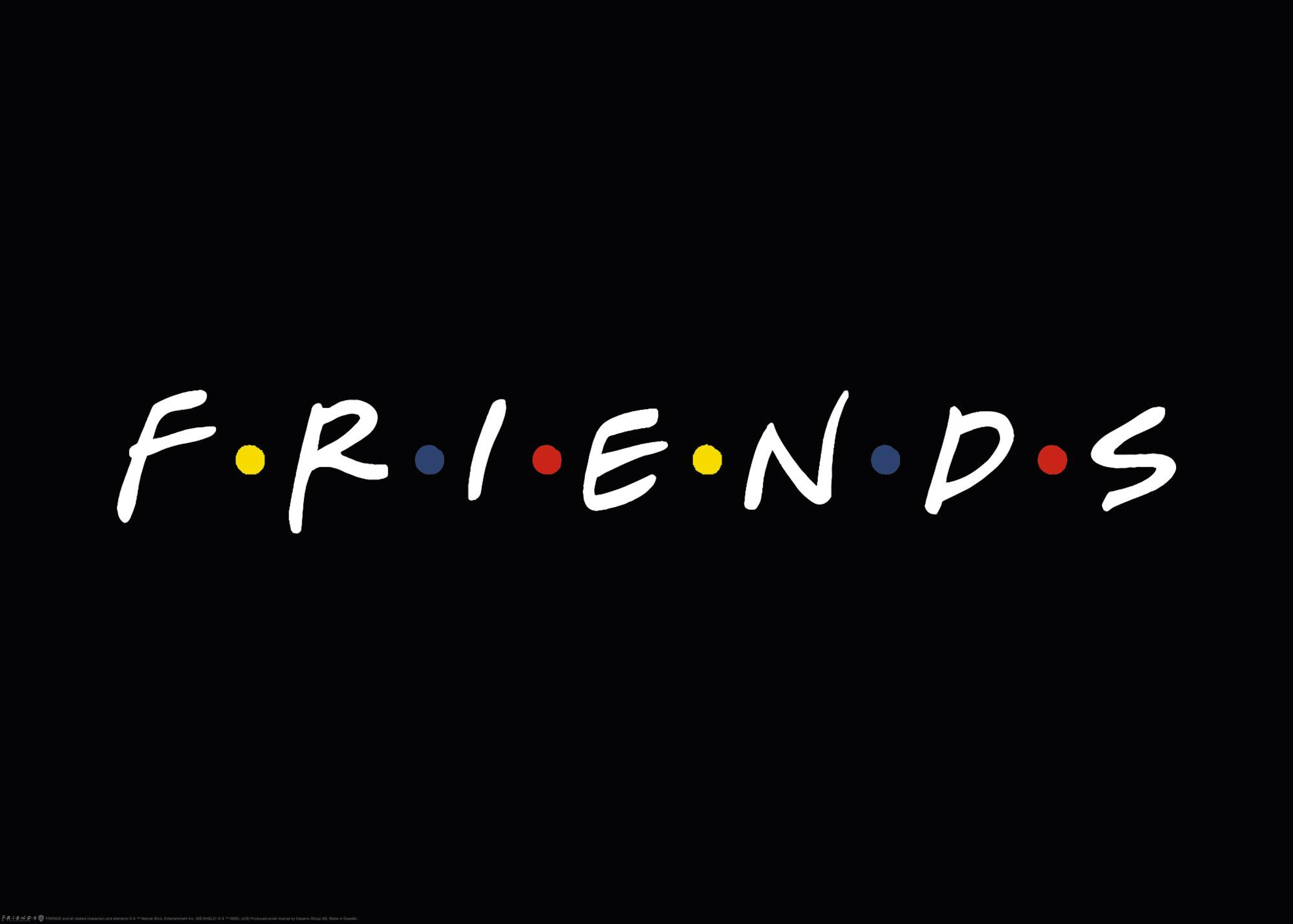 Affiche Friends, logo de la série télévisée avec typographie blanche et points colorés sur fond noir