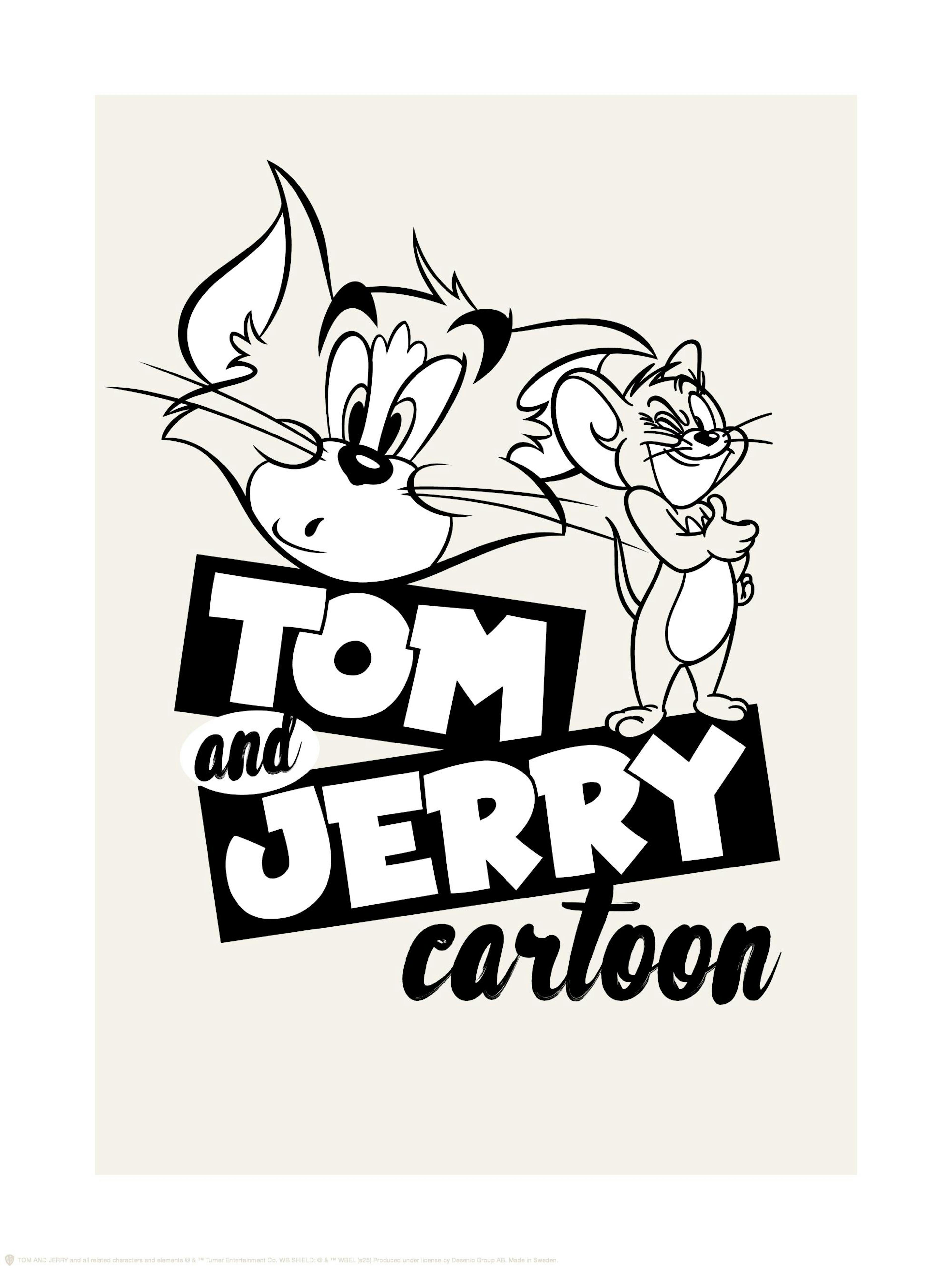 Affiche Tom et Jerry en noir et blanc, avec typographie Tom and Jerry cartoon sur fond beige.