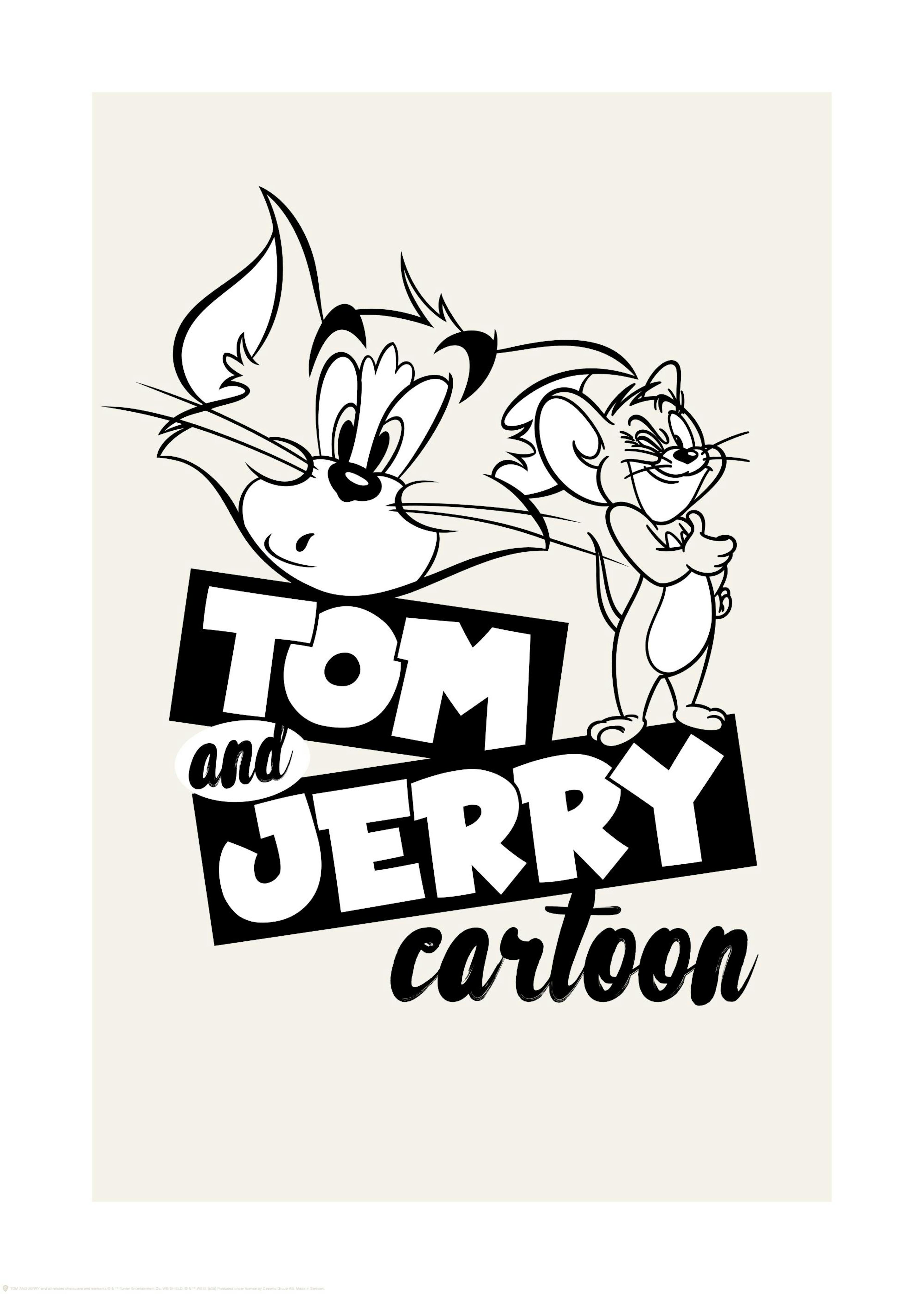 Póster de Tom y Jerry en blanco y negro, con Tom asombrado y Jerry sonriendo, sobre un fondo beige. Diseño de dibujos animados.