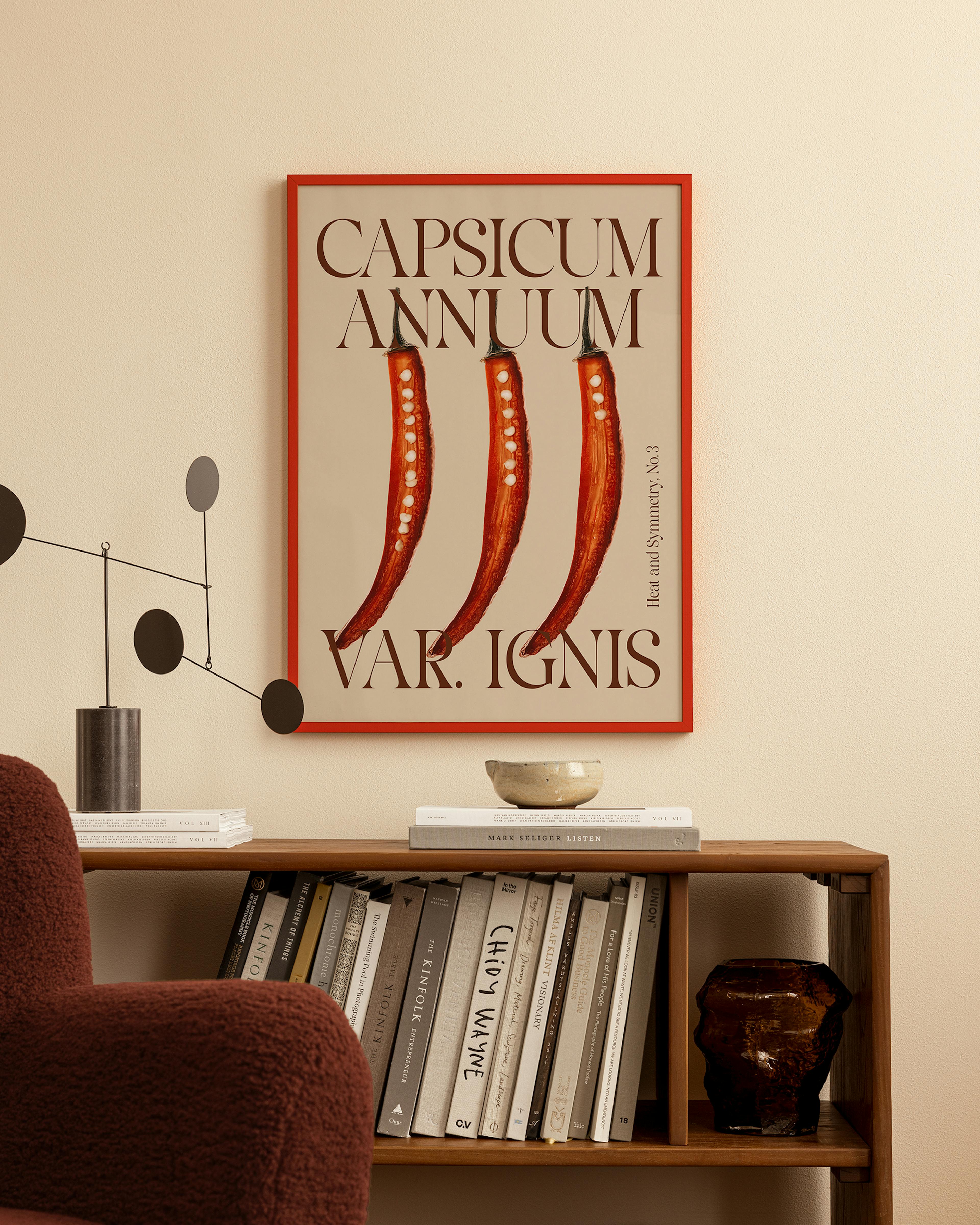 Botanical print with three red chili peppers on a light background, hanging above a wooden bookshelf in a living room.
