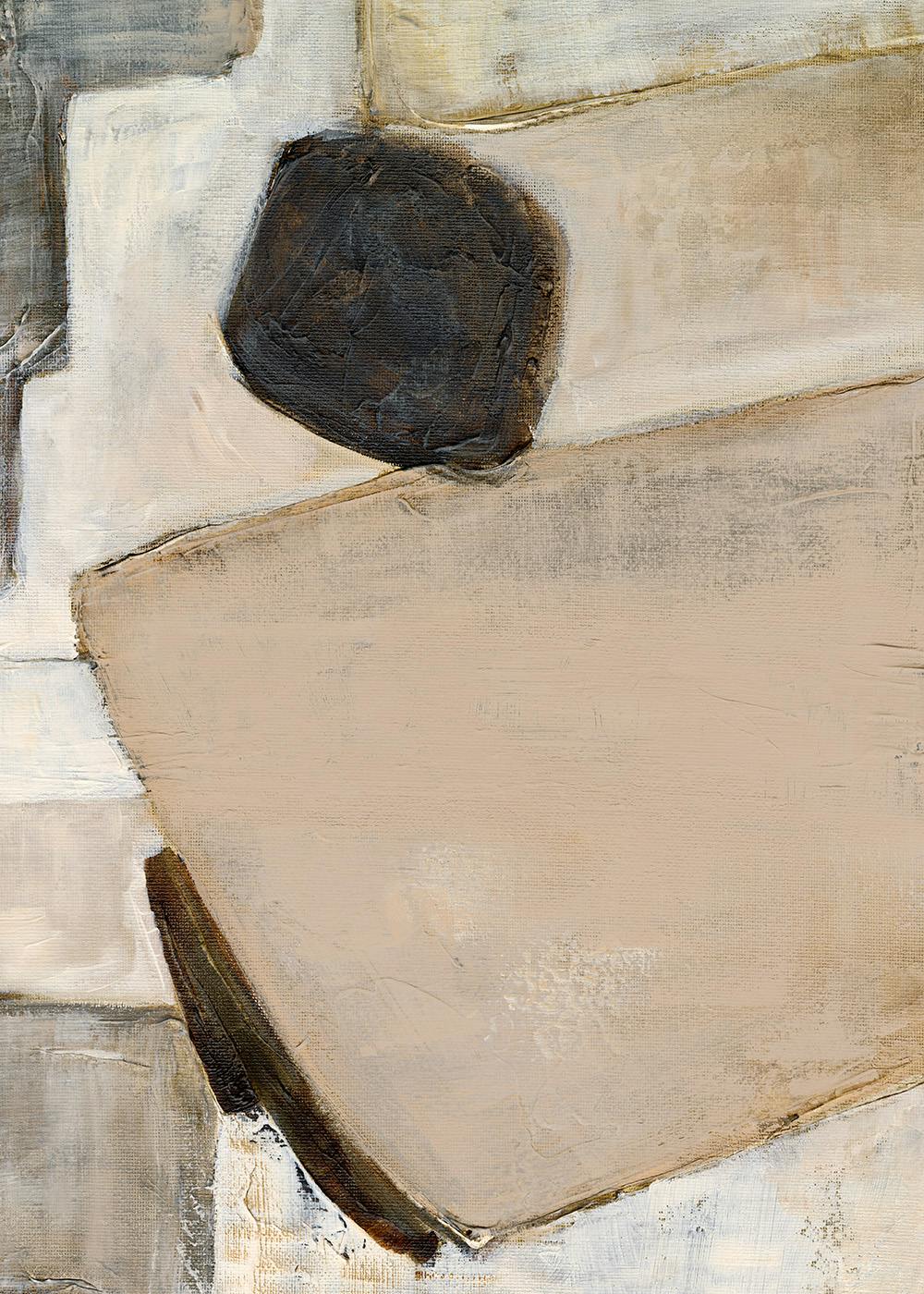Póster abstracto con formas orgánicas en tonos blanco, beige, tierra y negro, con textura de pinceladas gruesas.